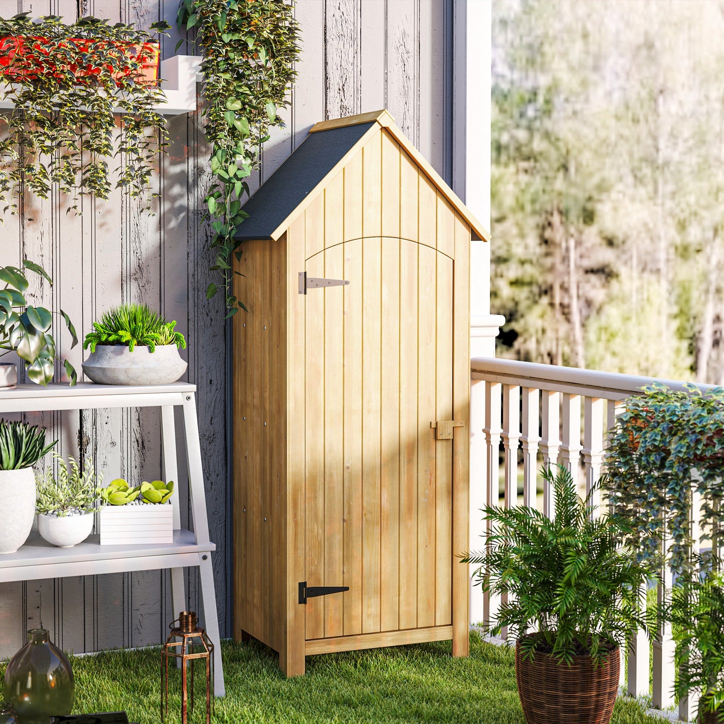 Outsunny Small Shed, Wooden Garden Storage with 3 Shelves, Outdoor Tool Cabinet with Tilt Roof & Lockable Door, 77.5x54.2x179.5 cm, Natural