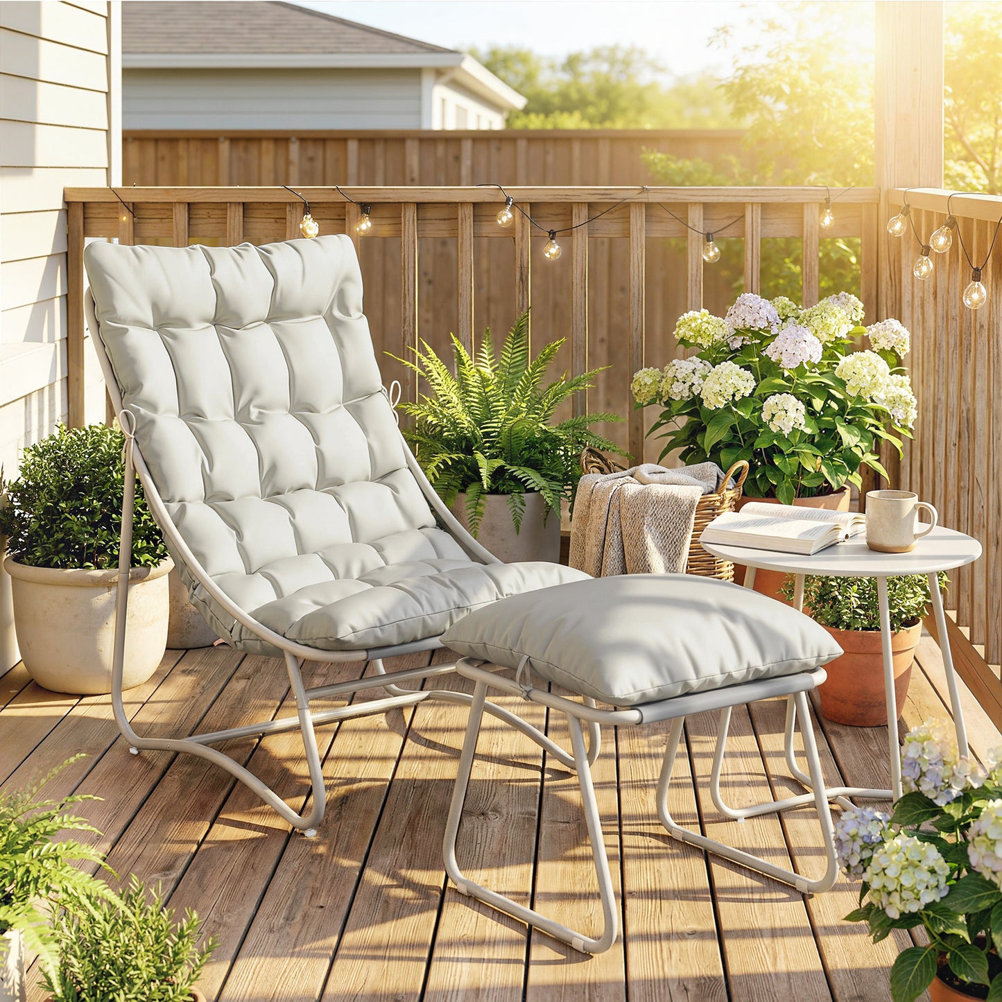 Outsunny Bistro Set for Garden, 3 Piece Outdoor Table and Chair with Footstool and Cushions, Comfy Balcony Furniture