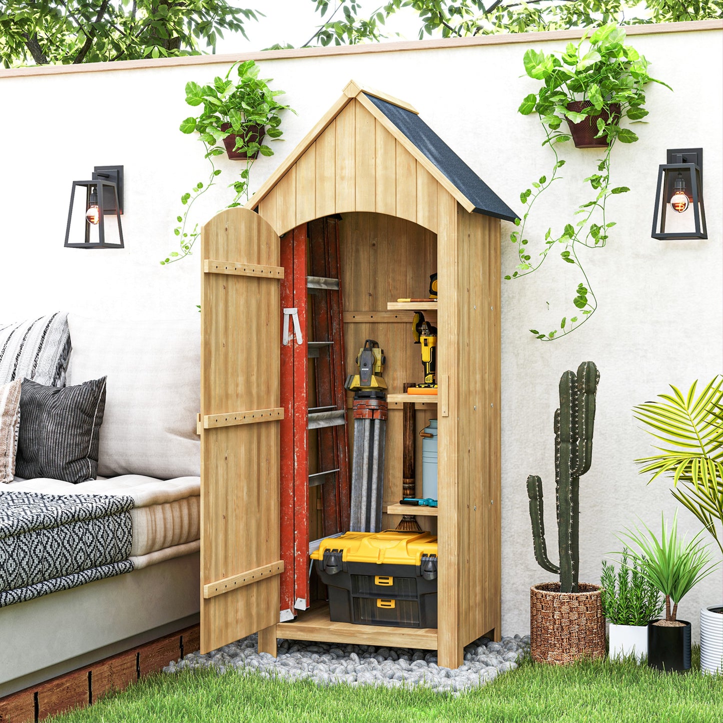 Outsunny Small Shed, Wooden Garden Storage with 3 Shelves, Outdoor Tool Cabinet with Tilt Roof & Lockable Door, 77.5x54.2x179.5 cm, Natural