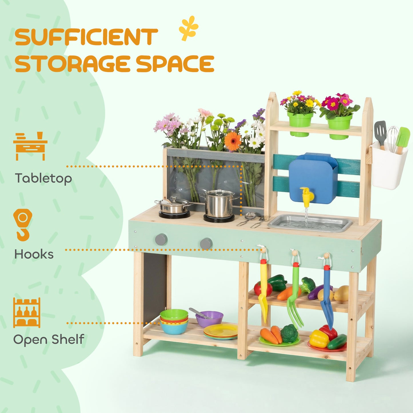 AIYAPLAY Mud Kitchen with Working Faucet, Kids Play Kitchen with Flower Pots, Kitchen Accessories, Planting Tools, Blue