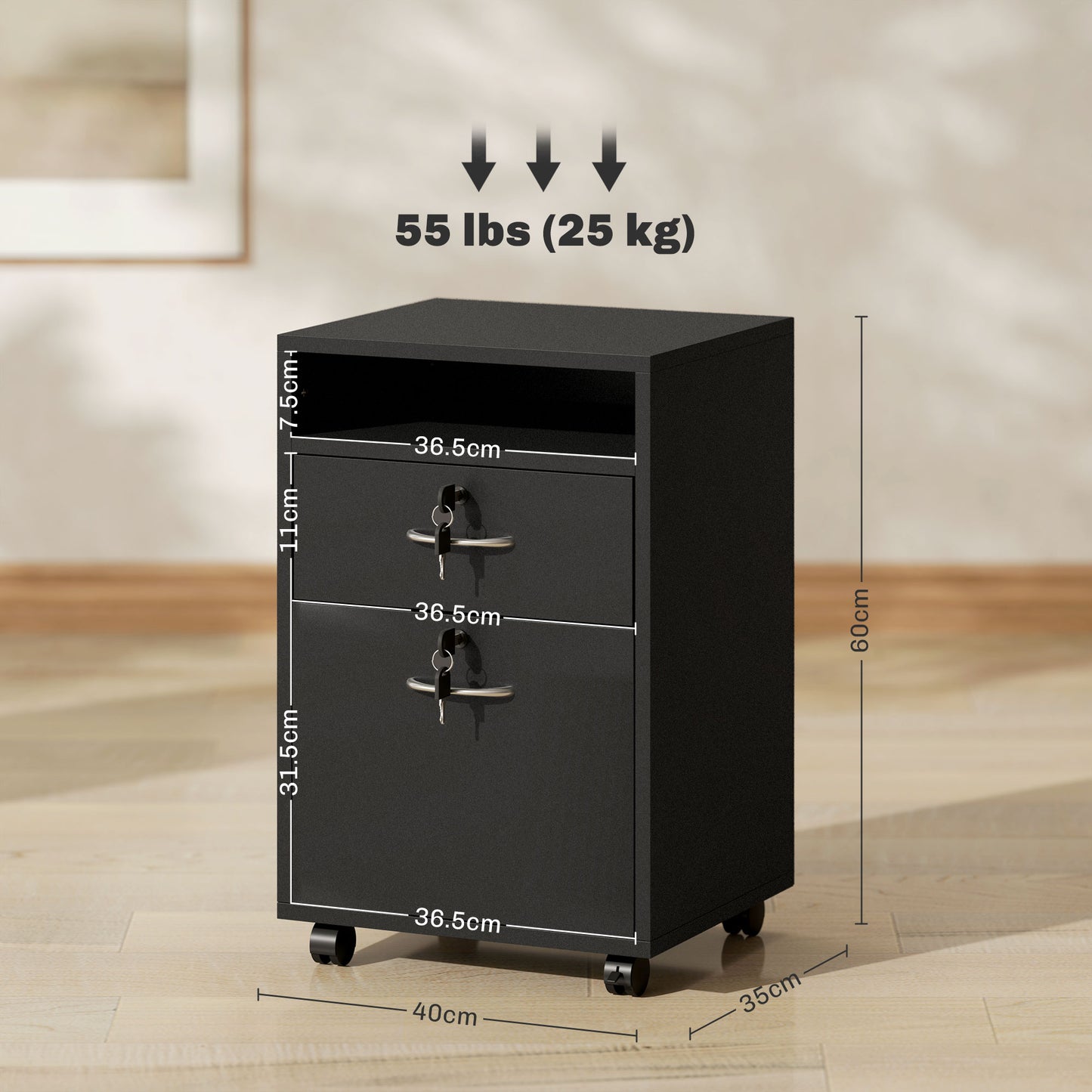 HOMCOM 60cm Filing Cabinet with Drawer, Open Shelf, Metal Handles and 4 Wheels, Office Home Organiser Mobile Printer, Black