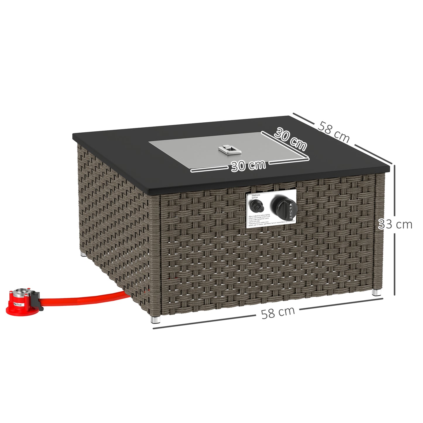 Outsunny Rattan Gas Fire Pit Table, 13 KW Propane Fire Pit with Lid, Square Patio Heater/Coffee Table for Garden Outdoor, 58x58x33 cm, Grey