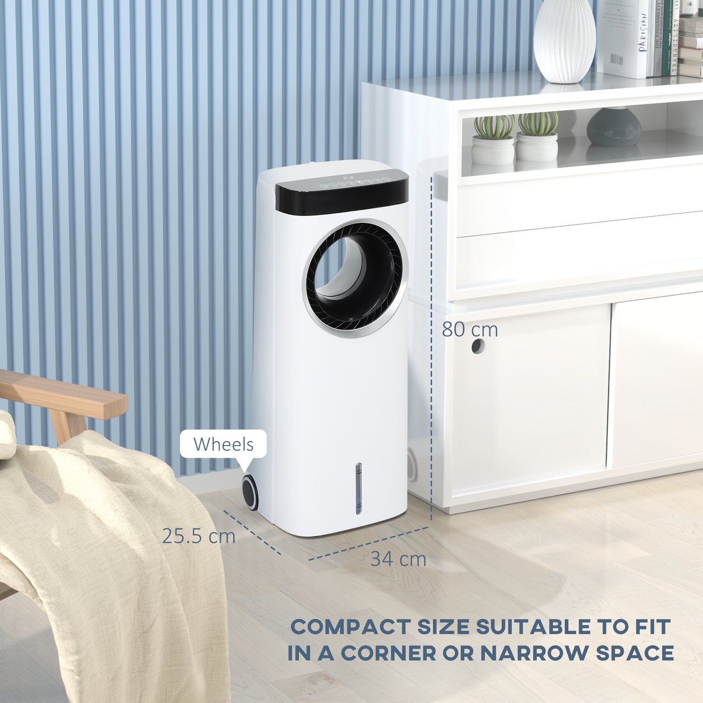 HOMCOM Evaporative Air Cooler, 6.5L 4-in-1 Bladeless Portable Cooler, Fan, Humidifier, Air Cleaner, with Remote & Wheels for Home Office, White