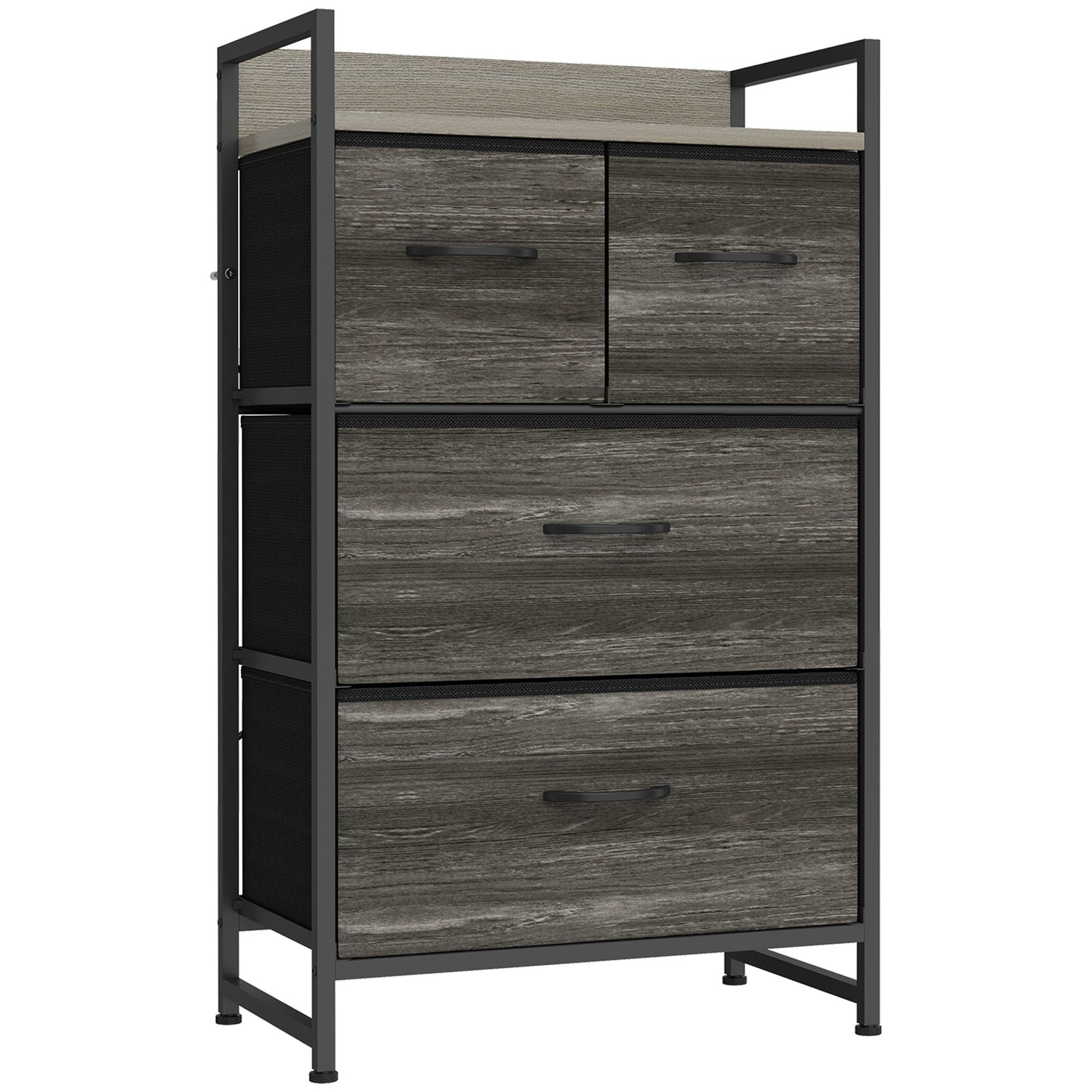 HOMCOM Rustic Chest of Four Fabric Drawers - Grey Wood Effect