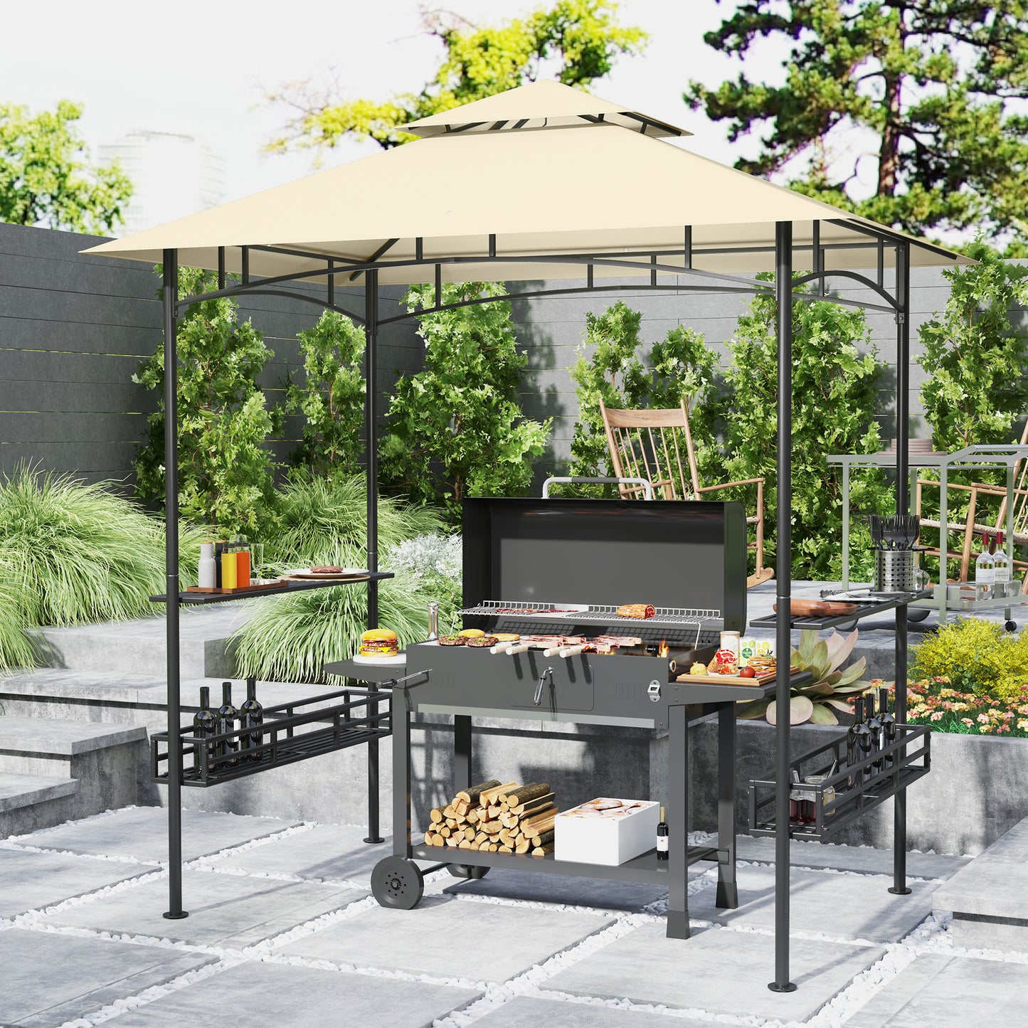 Outsunny 8' x 5' Grill Gazebo, Double Tier Canopy with Side Shelves, Baskets, Hook for Garden/Patio, Beige