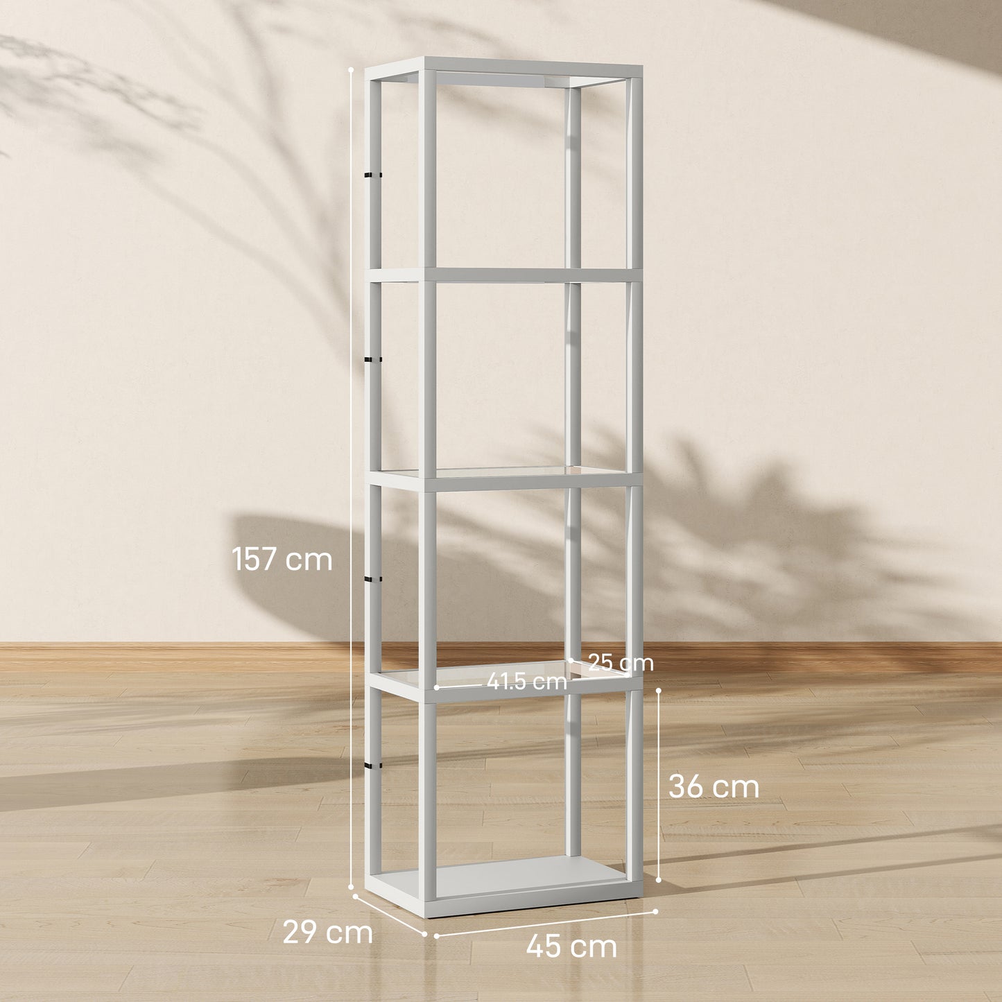 HOMCOM LED Floor Lamp with 4 Glass Shelves, Dimmable Tall Standing Lamp, Modern Shelf Light for Living Room, Bedroom, Office, Grey