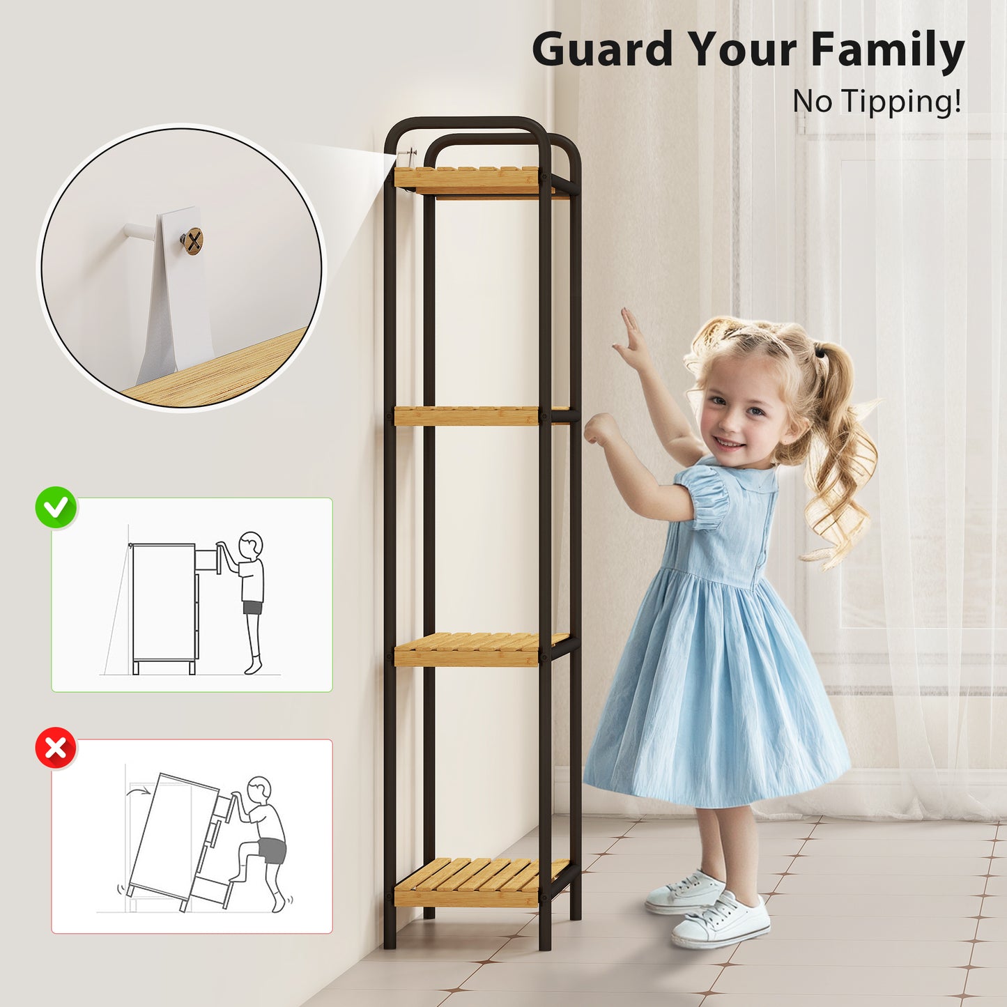 HOMCOM 4-Tier Bamboo Bathroom Storage Shelf, Freestanding Narrow Unit with Slatted Shelves, 41.5x21.5x106cm, Natural and Black