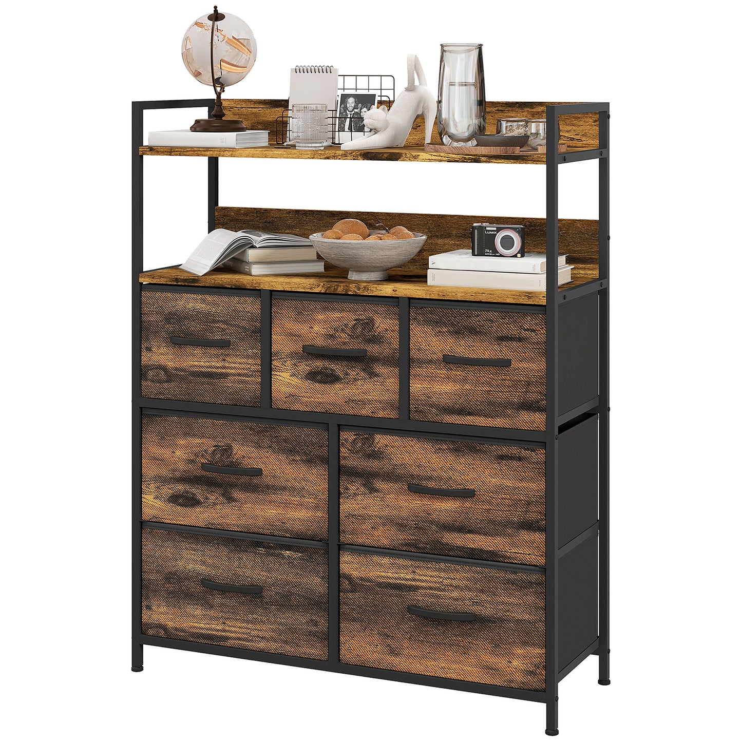 HOMCOM Rustic Chest of Seven Fabric Drawers - Brown Wood Effect