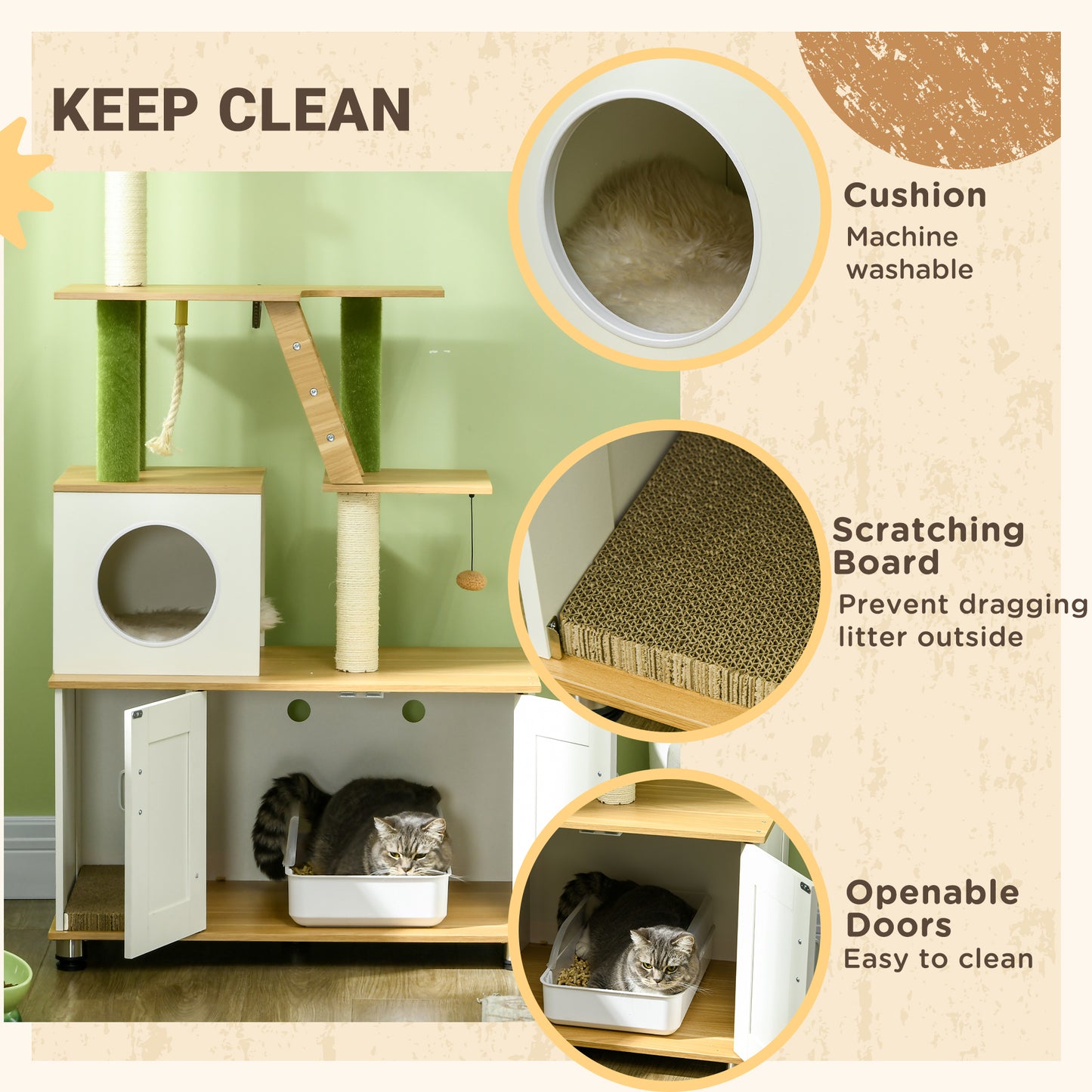 PawHut Cat Tree with Hidden Litter Box Enclosure, 2 in 1 Green Leaf Cat Tower Litter Box Furniture with House, Ladder, Scratching Posts and Platforms, for Indoor Use, Oak
