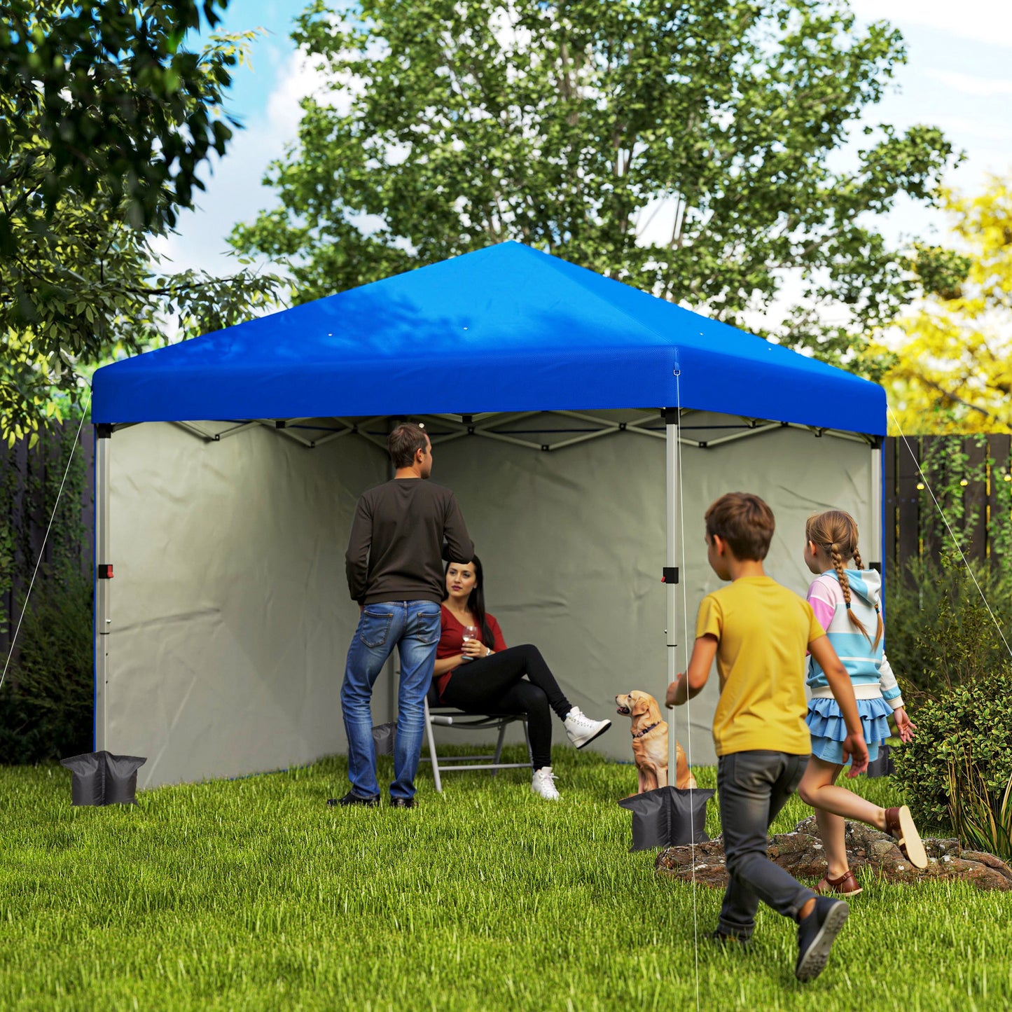 Outsunny Pop Up Gazebo 3x3m, UPF 30+, 2 Sidewalls, Leg Bags & Wheeled Bag, Height Adjustable Party Tent for Garden/Patio, Blue