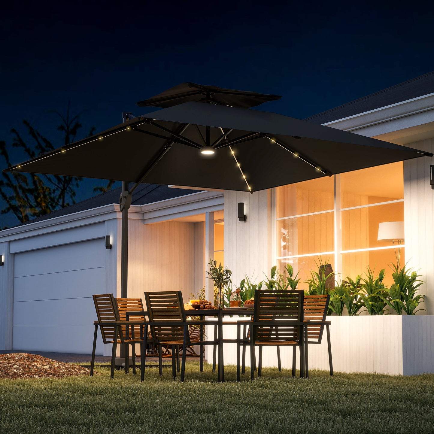 Outsunny Garden Cantilever Parasol, 3.5x3m, Solar LED Lights, UPF50+ Patio Umbrella with Cross Base, Crank Handle & Tilt, Black