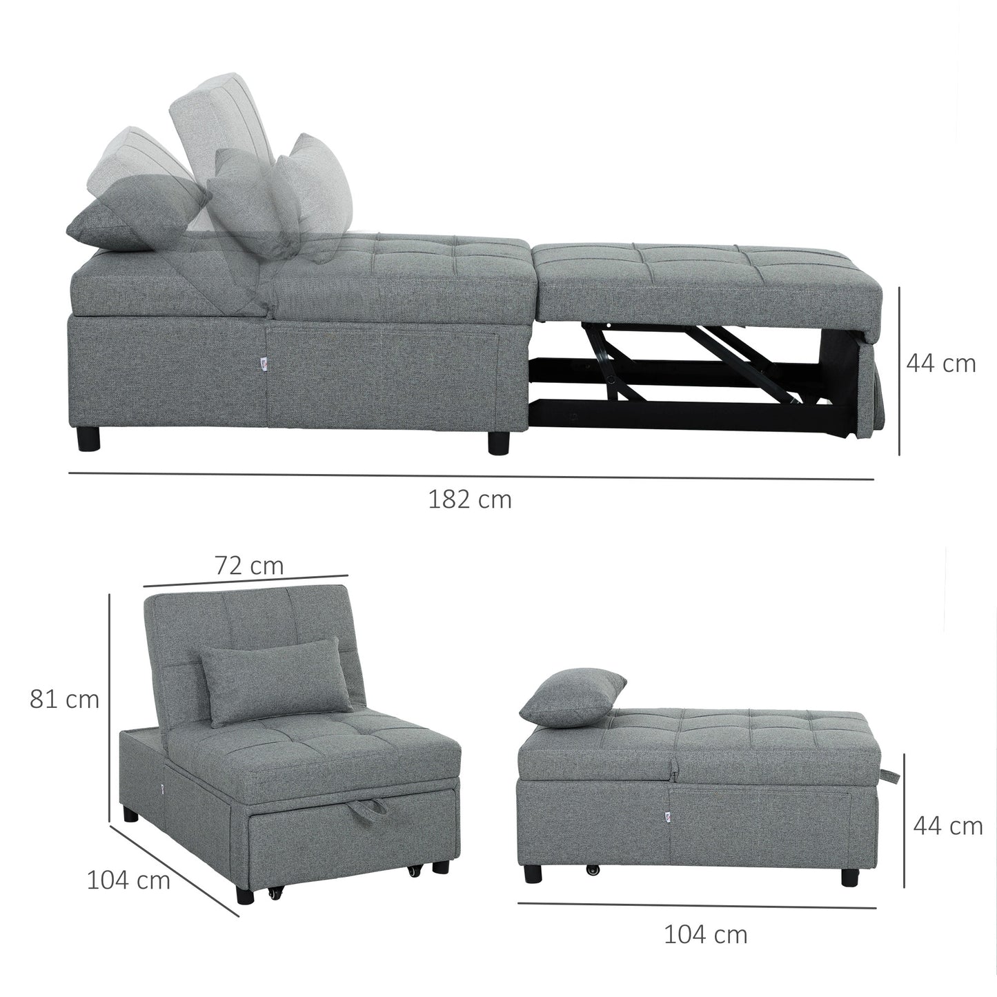 HOMCOM Four-In-One Single Sleeper Chair - Light Grey