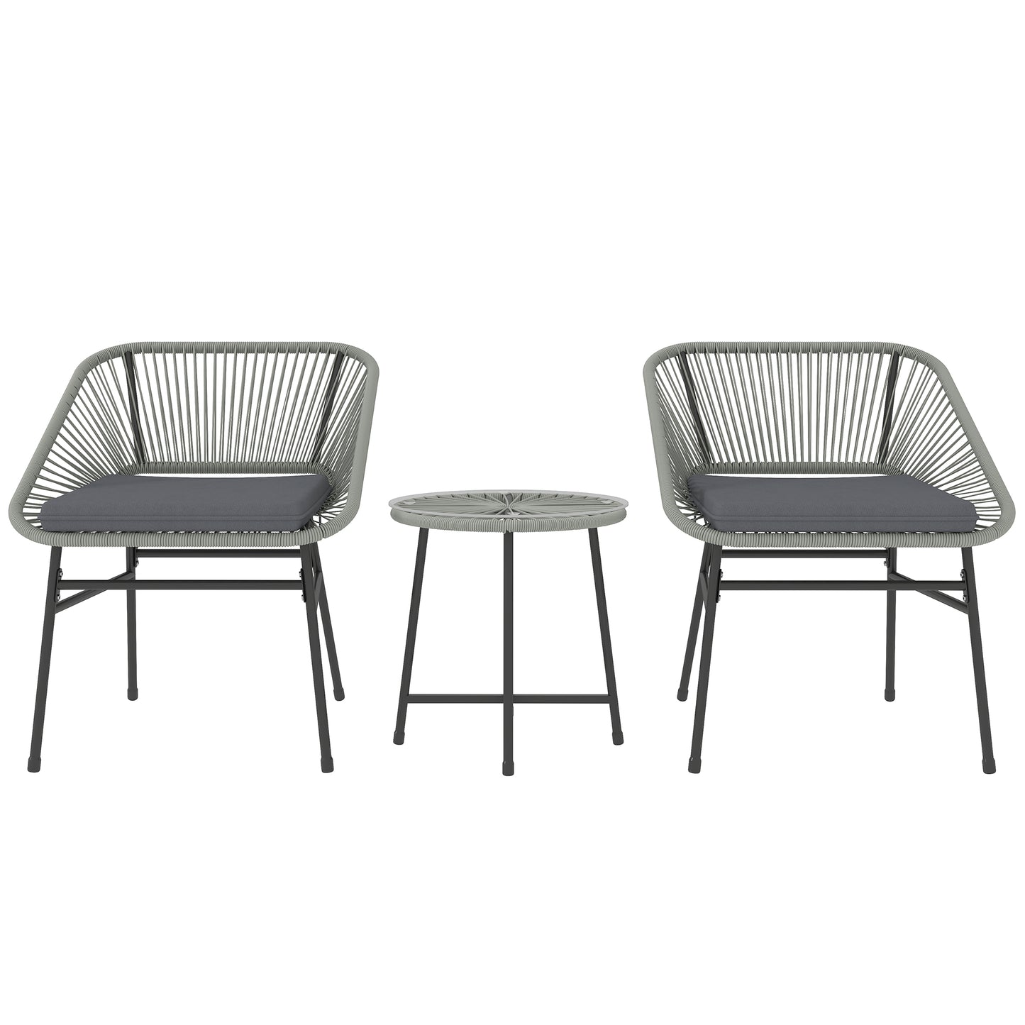 Outsunny 3-Piece Rattan Bistro Set, Garden Table & Chairs with Cushions, Glass Top, Light Grey