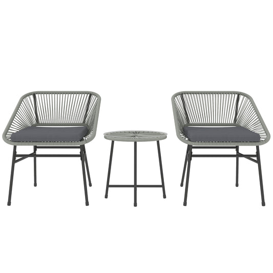 Outsunny 3-Piece Rattan Bistro Set, Garden Table & Chairs with Cushions, Glass Top, Light Grey