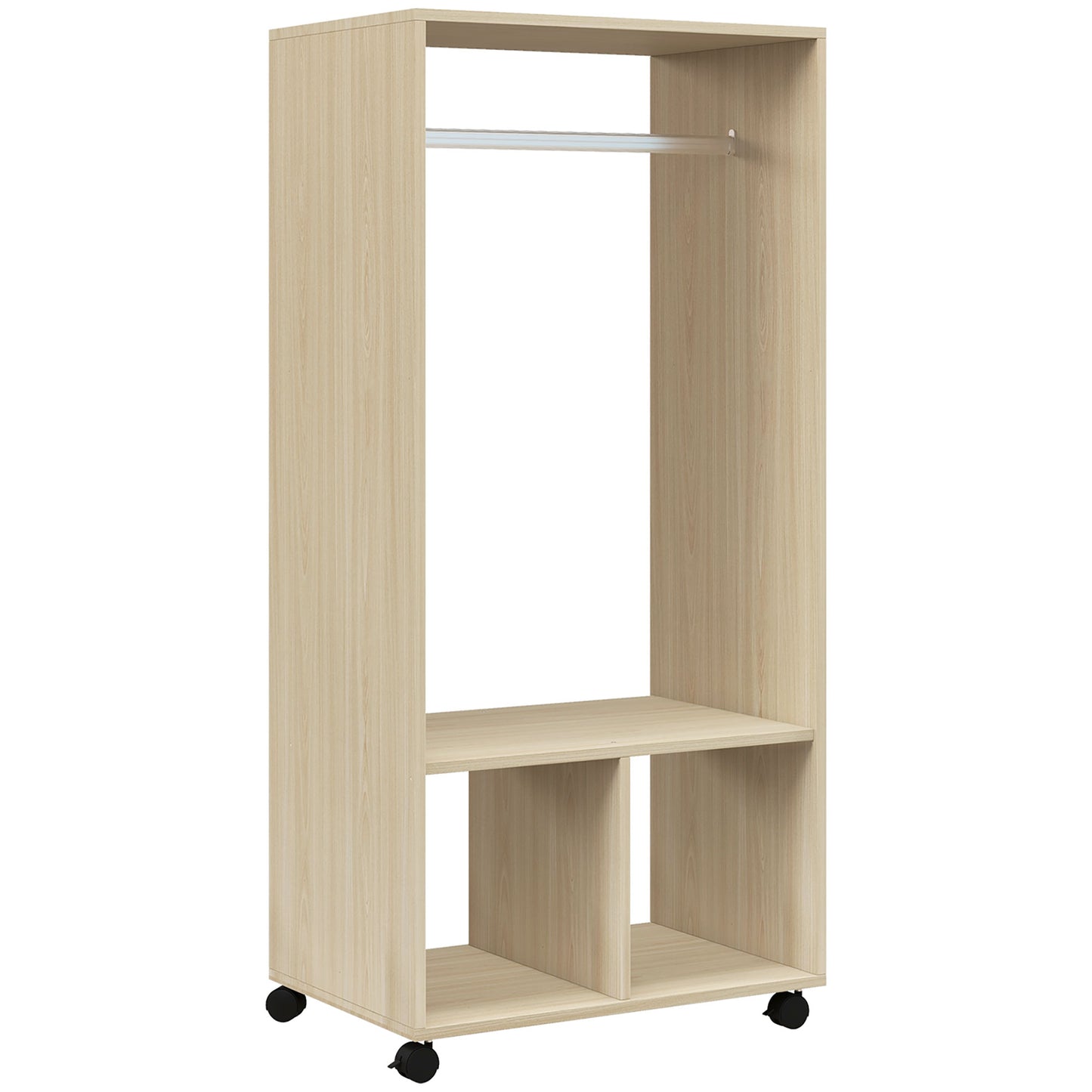 HOMCOM Wardrobe with shelf, 2 compartments and hanging rail, 4 swivel casters dim. 60L x 40W x 128H cm natural wood