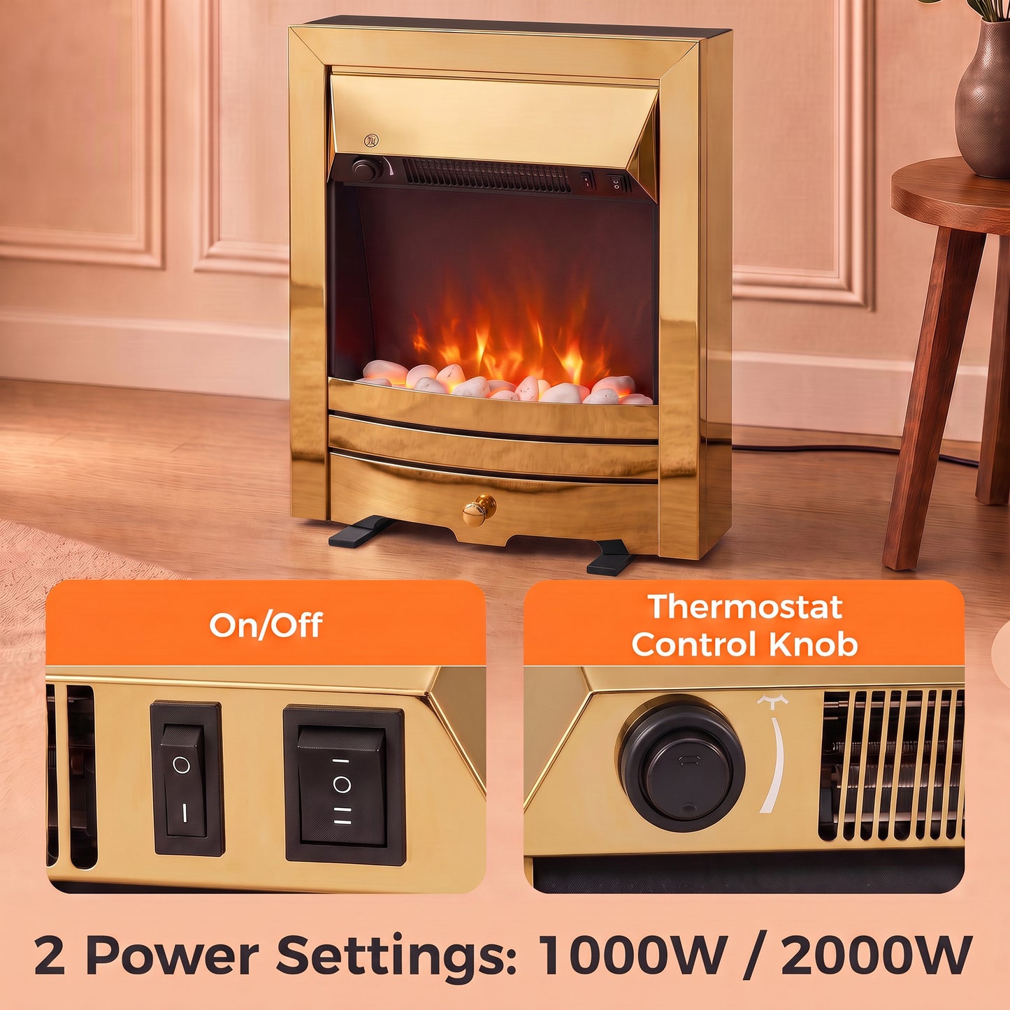 HOMCOM Electric Fireplace Stove Freestanding/Inset, 2000W, Electric Fire with LED Flame, Pebbles, Adjustable Thermostat, Gold