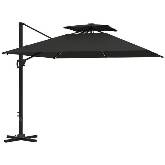 Outsunny Garden Cantilever Parasol, 3.5x3m, Solar LED Lights, UPF50+ Patio Umbrella with Cross Base, Crank Handle & Tilt, Black