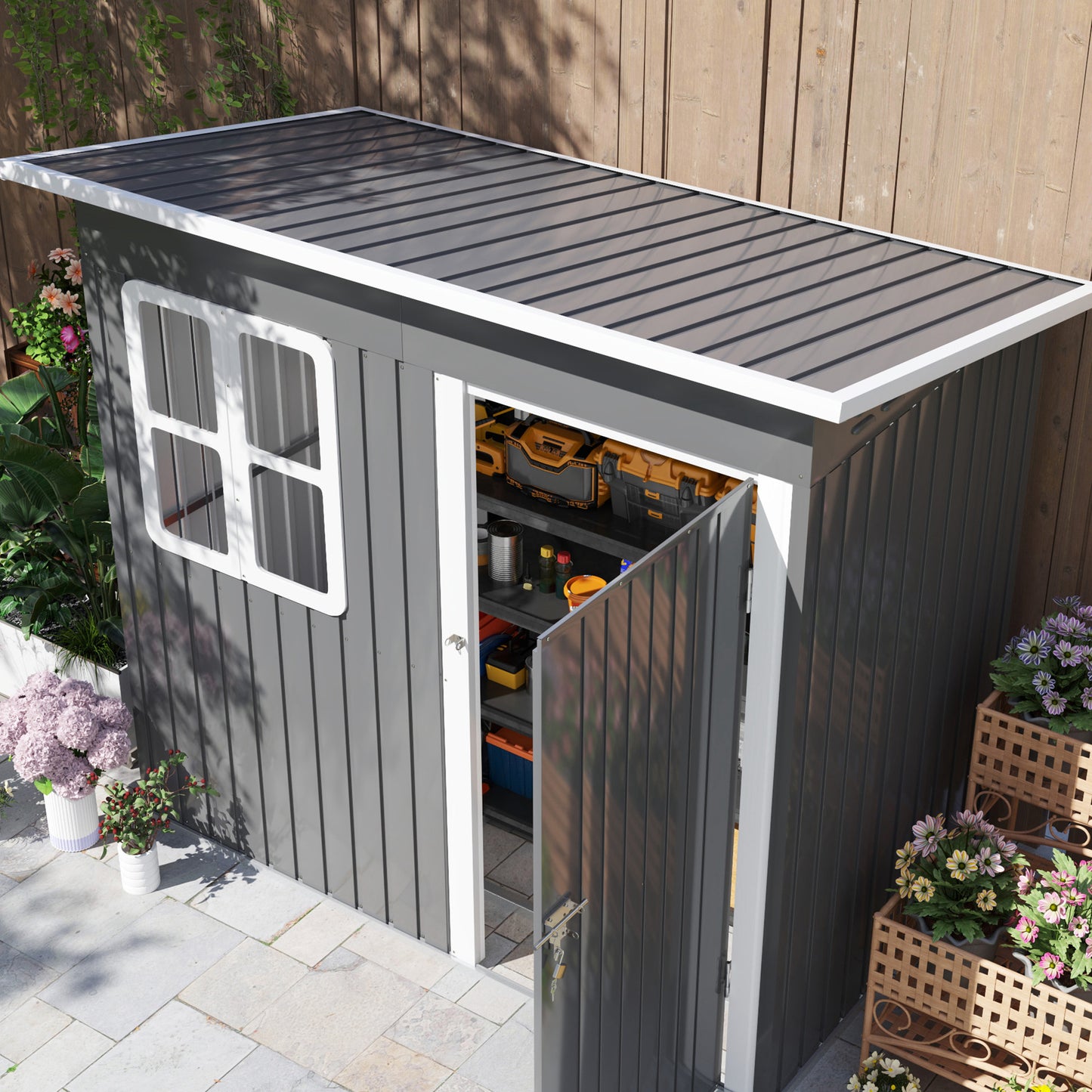 Outsunny 7x4ft Dark Grey Galvanised Steel Garden Storage Shed with Foundation Kit, Window, Lockable Door