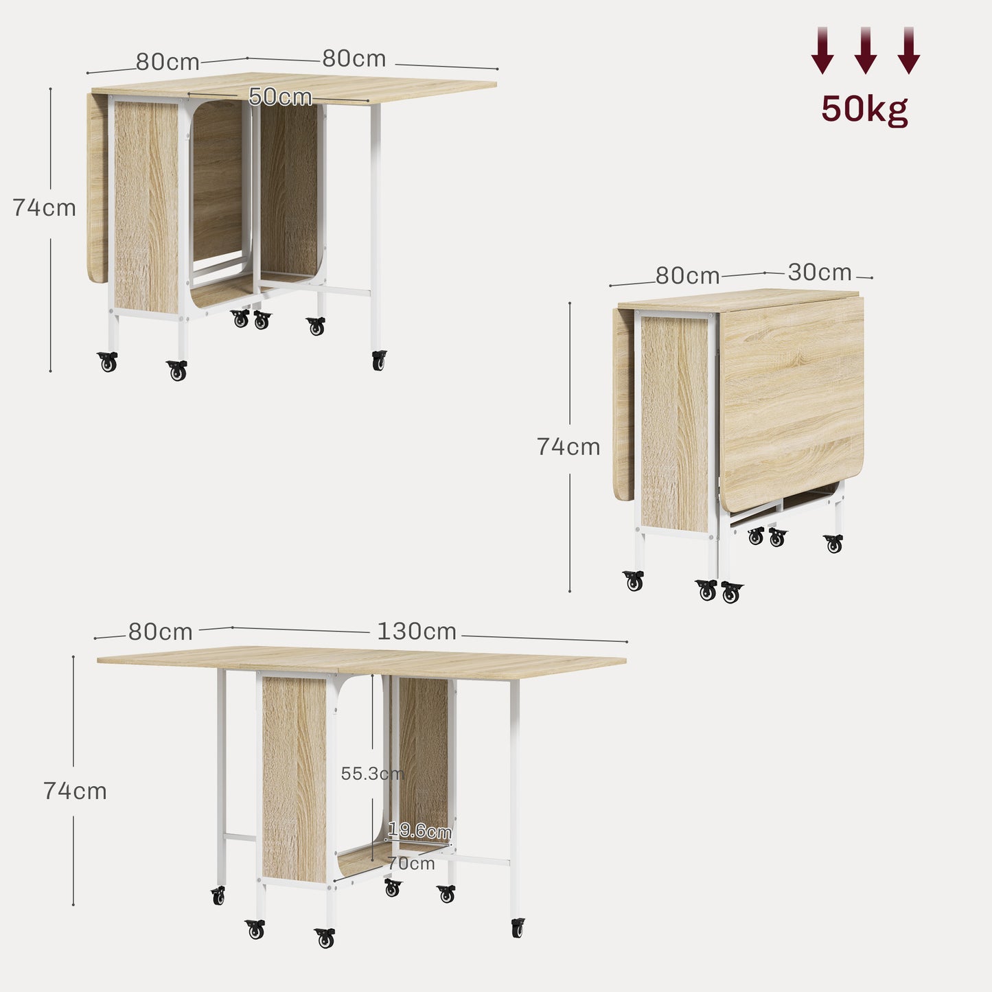 HOMCOM Mobile Drop Leaf Table, Folding Kitchen Table with Wheels & Storage Shelf, Natural Wood