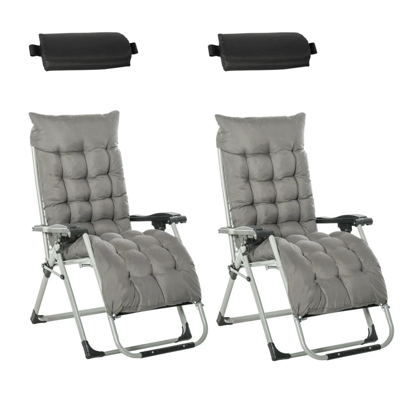 Outsunny 2 Piece Reclining Zero Gravity Chair Metal Frame Folding Garden Sun Lounger with Cushion Headrest Dark Grey