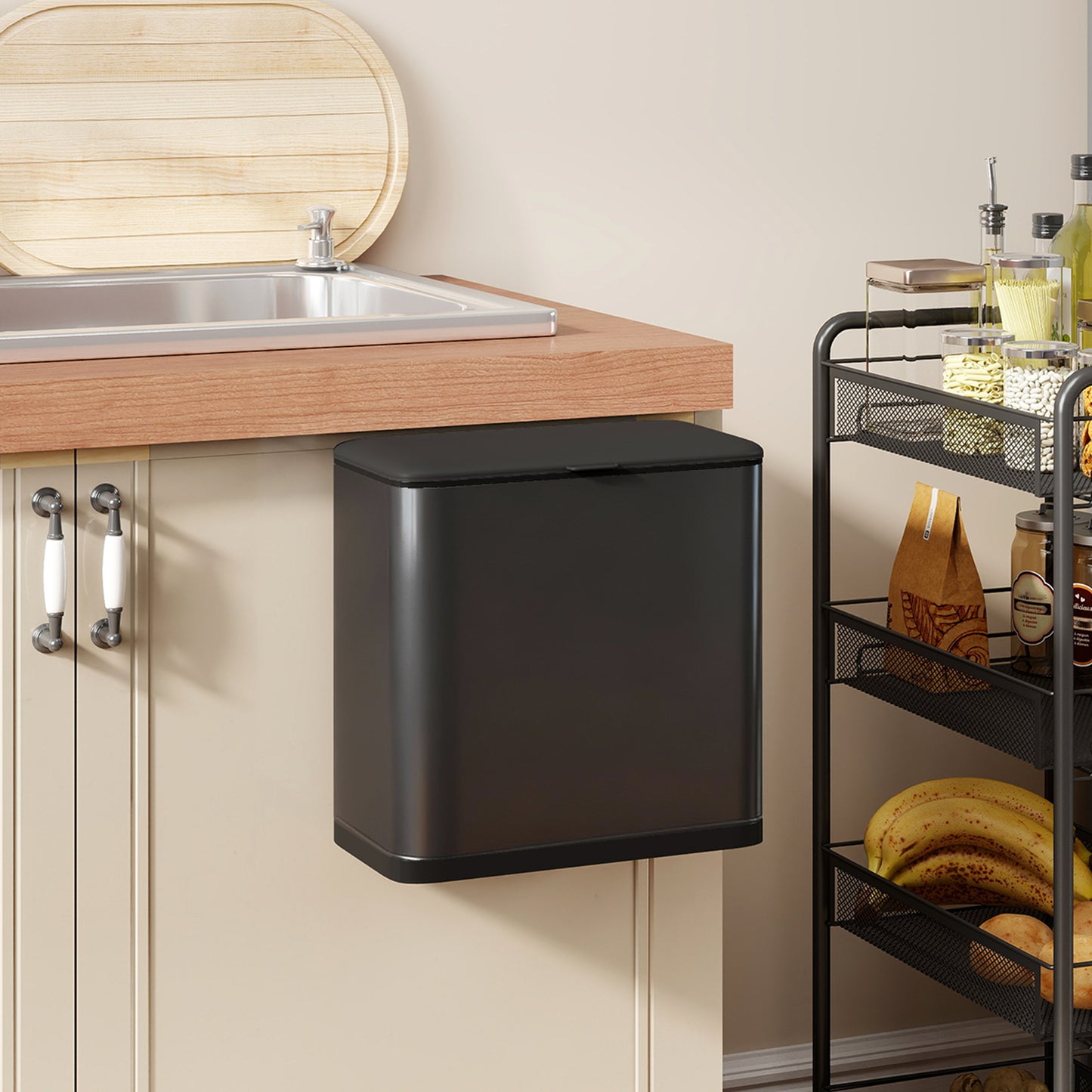 HOMCOM 8L Hanging Kitchen Bin, Rubbish bin with Lid and Removable Inner Bucket for Kitchen Cabinet Door, Under Sink, Black