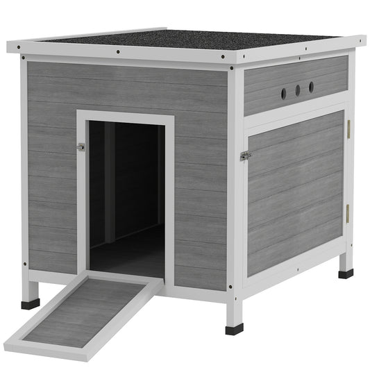 PawHut Wooden Duck House with Ramp, Double Doors, Openable Asphalt Roof, Ventilation Holes, Removable Base, Light Grey