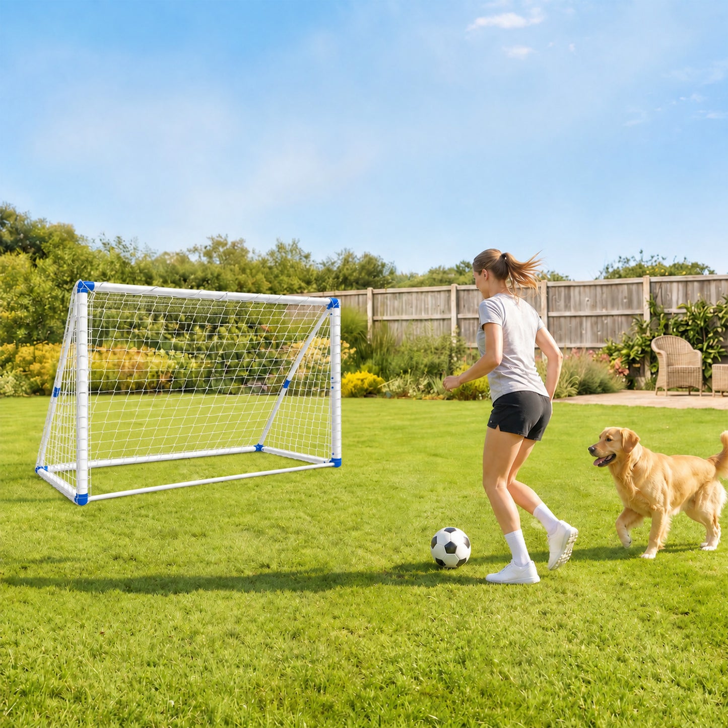 SPORTNOW Football Goal, 183 x 96 x 130 cm Foldable Practice Football Net with Ball Pump, Ground Stakes and PVC ball, White