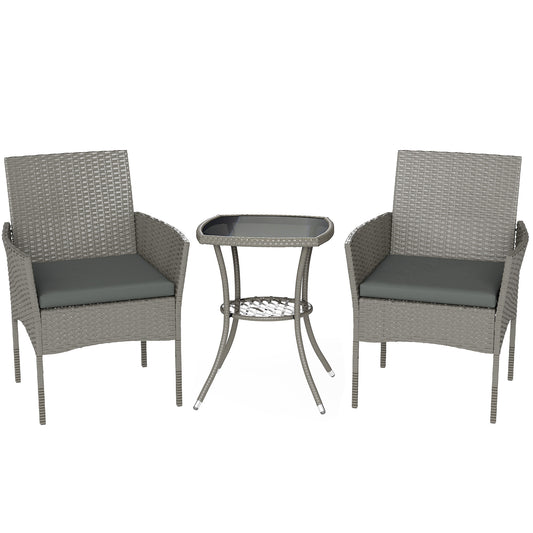 Outsunny 3 Piece Rattan Bistro Set, PE Wicker Garden Furniture Conversation Set with 2 Tier Glass-Top Table, Chairs, Dark Grey