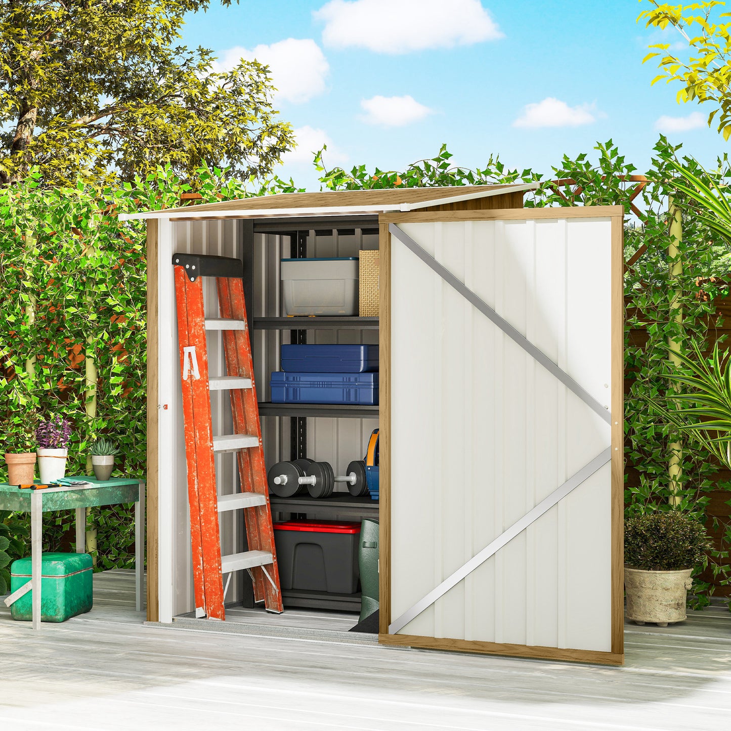 Outsunny 3.3 x 3.4ft Lean To Steel Garden Shed, with Locking Door - Light Brown Wood Effect/White