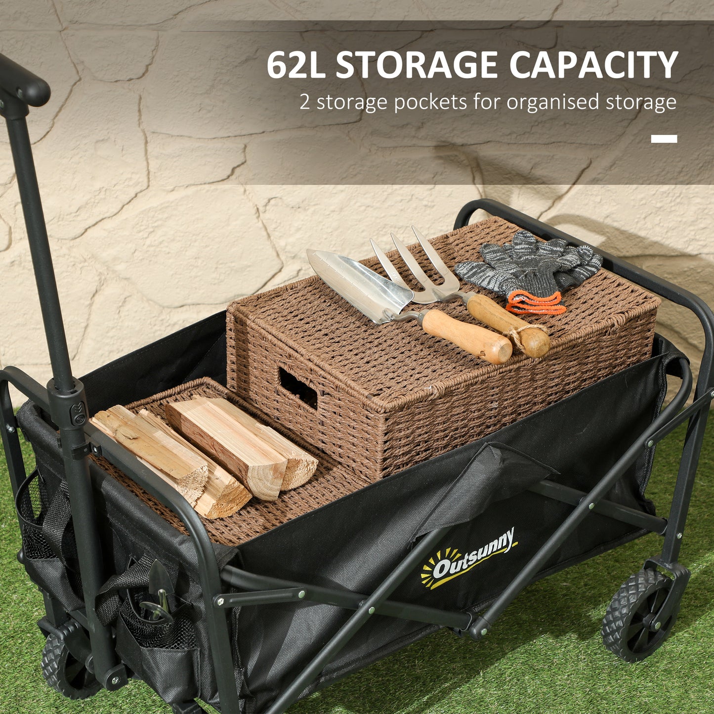 Outsunny 62L Festival Trolley, Folding Wagon with Adjustable Handle & Bag, 120kg Capacity, for Beach/Camping/Festival, Black
