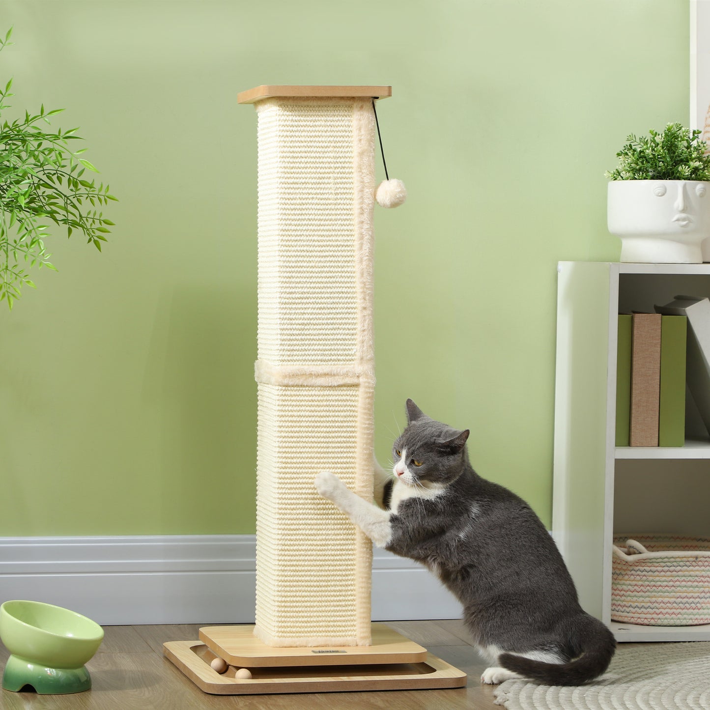 PawHut 3 in 1 Cat Scratching Post, 87cm Cat Scratcher w/ Track Ball Toy, Oak