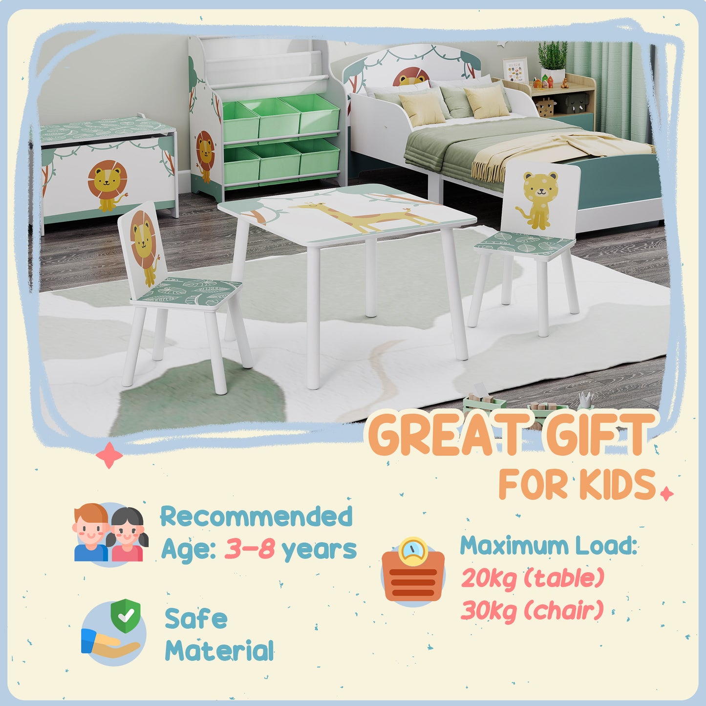 AIYAPLAY 3-Piece Toddler Table and Chair Set, Kids Table with 2 Chairs Set for Bedroom, Nursery, Playroom, Green