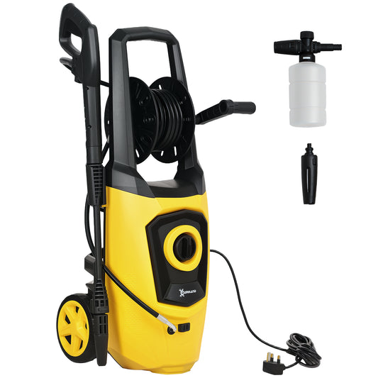 DURHAND 1800W High Pressure Washer, 150 Bar, 510 L/h Flow, Portable Jet Wash with 6M Hose & Reel, Yellow