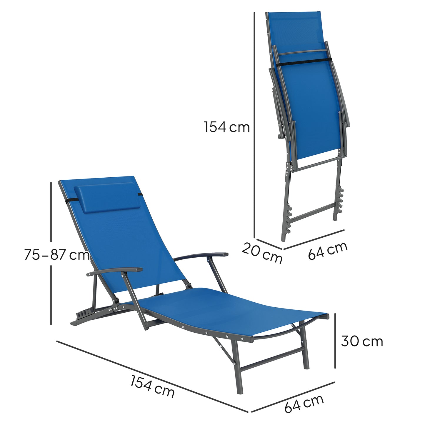 Outsunny Set of 2 Folding Sun Loungers, 4-Position Adjustable with Armrests, Pillows, Steel Frame, Blue