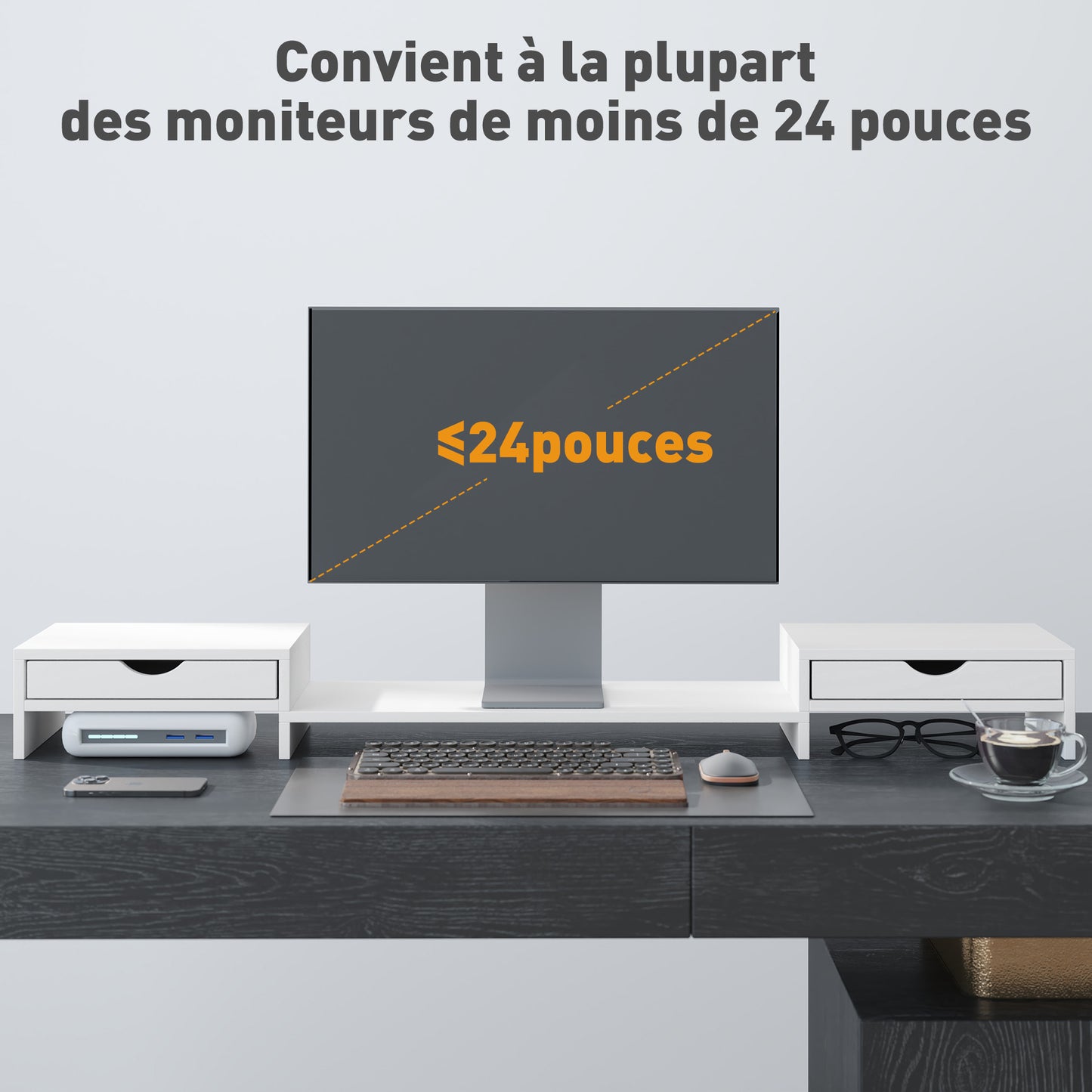 HOMCOM Dual Monitor Stand Riser with 2 Drawers, White