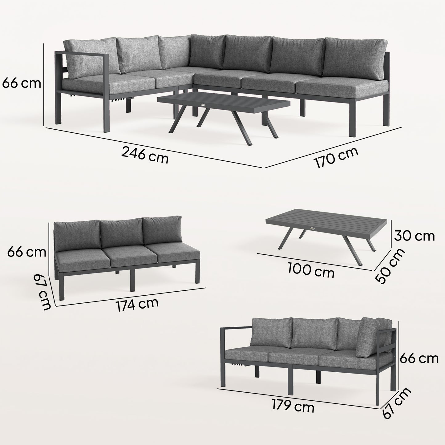 Outsunny 3 Pieces Garden Furniture Set, Aluminium Corner Lounge Set with Adjustable Backrest and Coffee Table