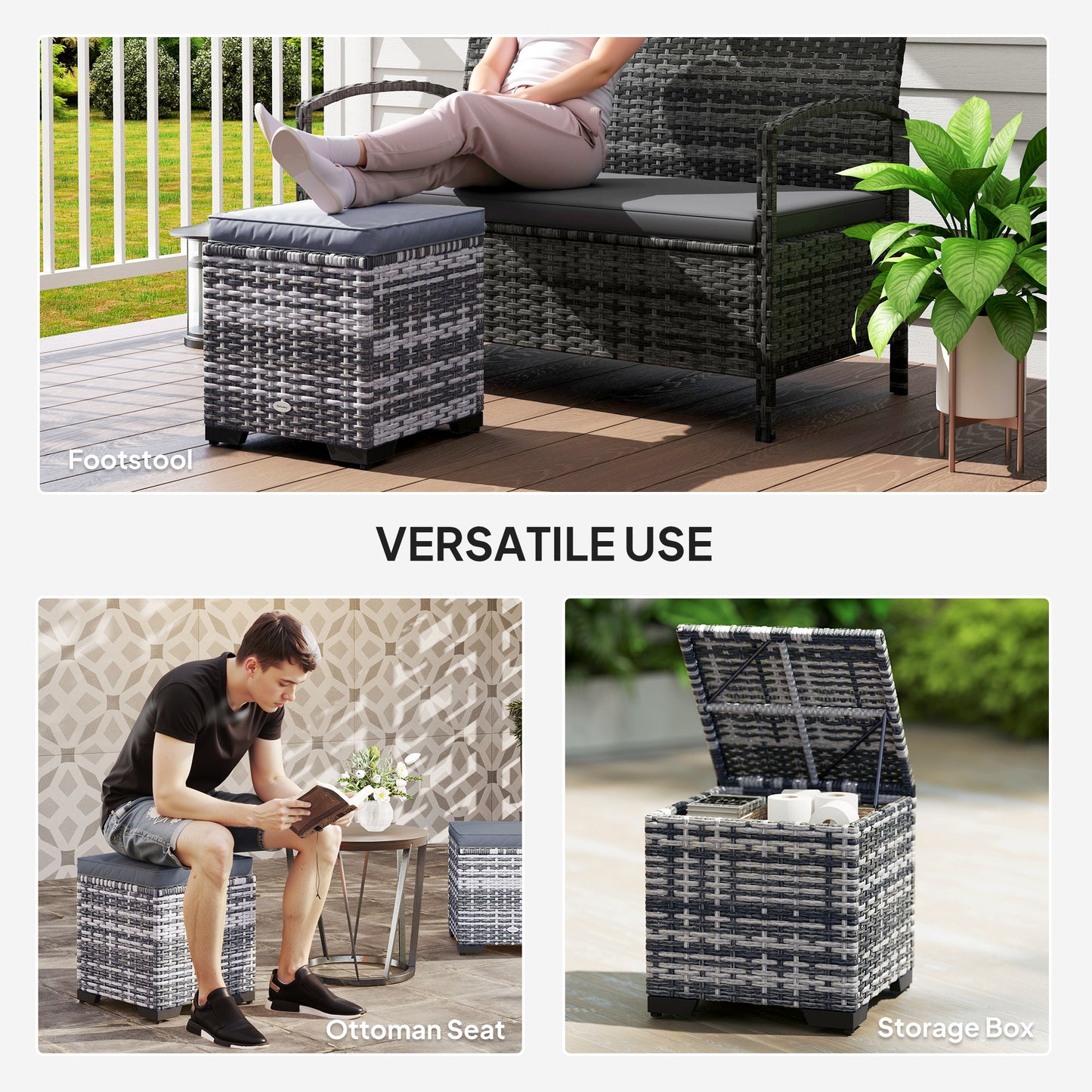 Outsunny Set of 2 Rattan Storage Ottomans, Outdoor Footstools with Removable Cushions for Garden, Balcony, or Living Room, Dark Grey