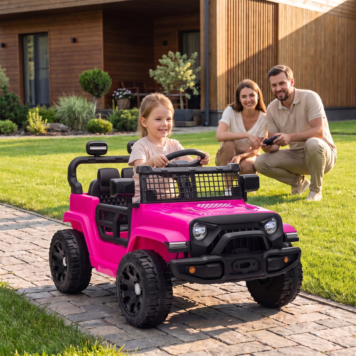 AIYAPLAY 12V Electric Car for Kids with Remote, Dual Motors, Rear Suspension, Soft Start, Music, Lights for 3-8 Years, Pink