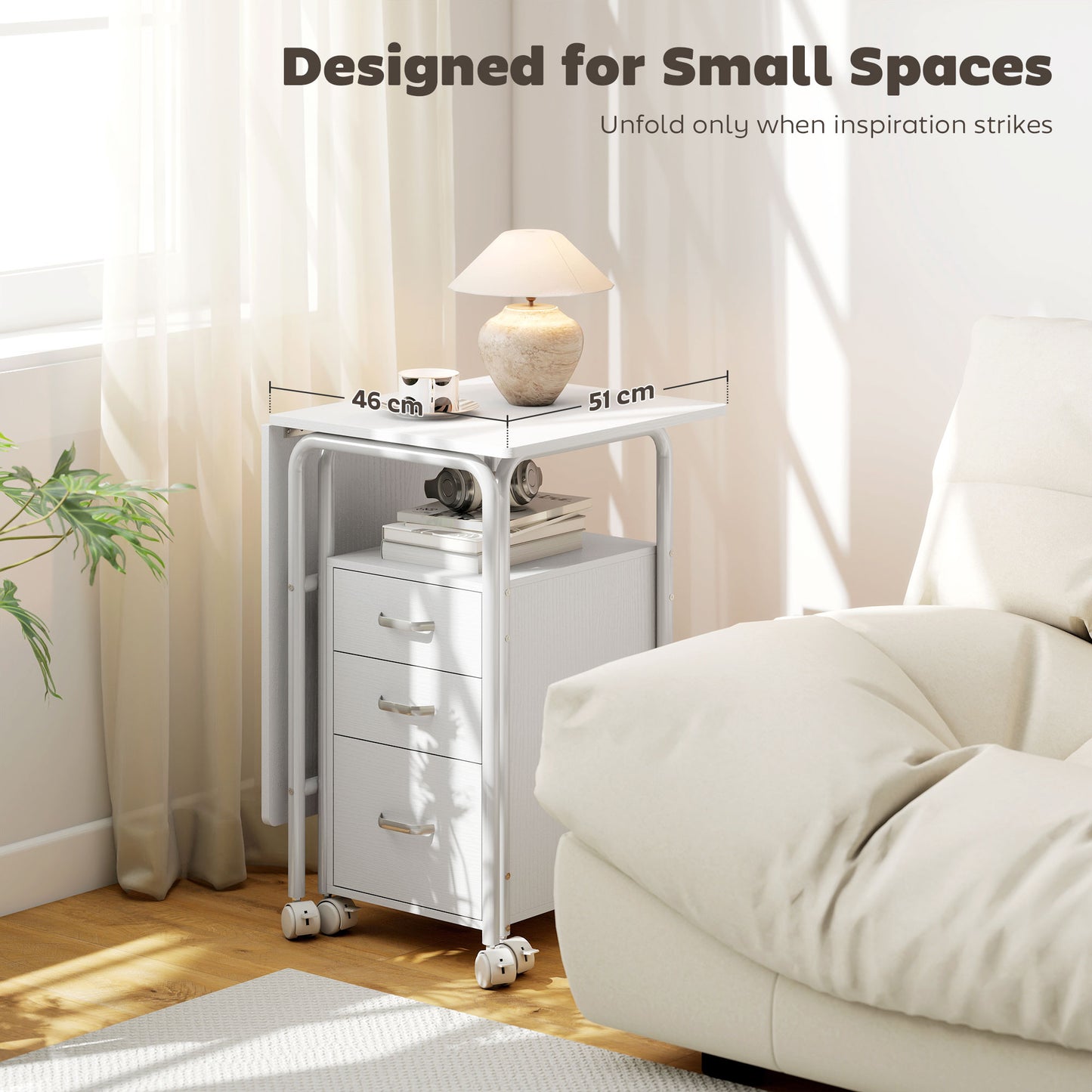 HOMCOM 105 x 51 cm Foldable Office Deskwith 3 Drawers, Extendable Top, Wheels, White