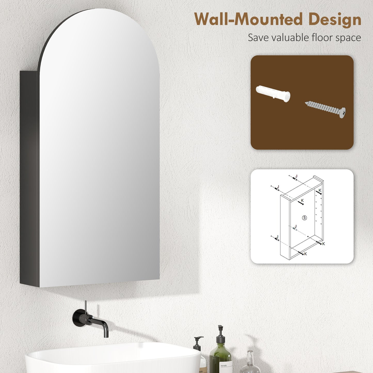HOMCOM Arched Bathroom Mirror Cabinet with Adjustable Glass Shelves - Black