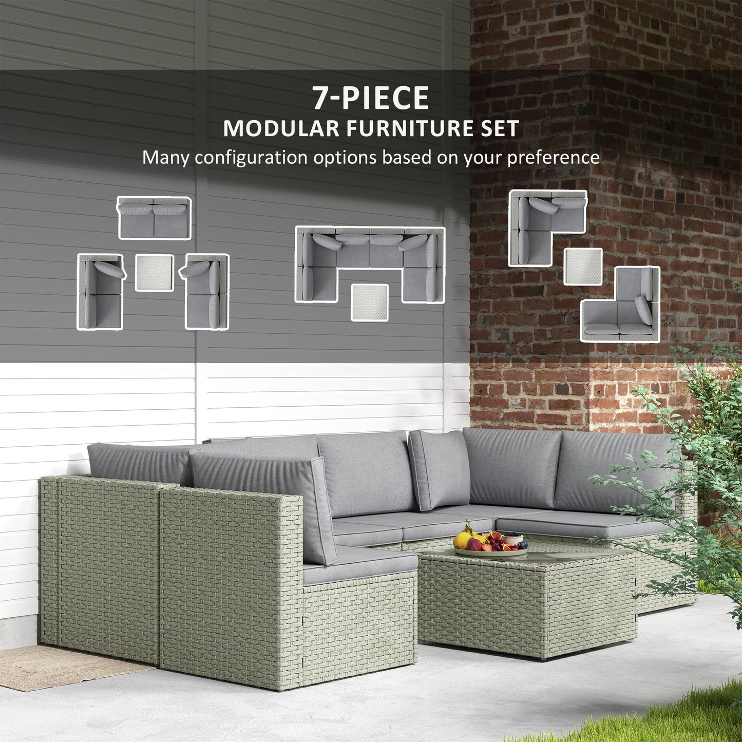 Outsunny 7-Piece Rattan Garden Furniture Set, 6-Seater Corner Sofa, Cushions, Glass Table, Outdoor Sectional for Patio, Light Brown