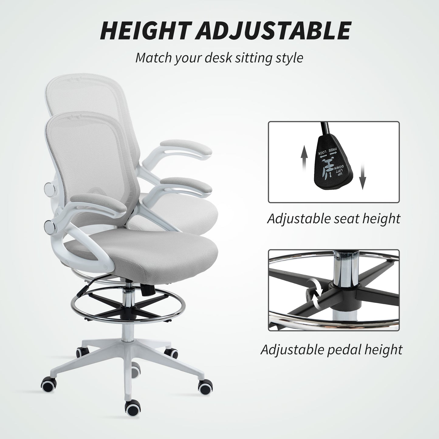 Vinsetto Drafting Chair with Flip-up Armrest, Mesh Office Stool with Foot Ring, 360° Swivel Height Adjustable Chair for Standing Desk, Light Grey