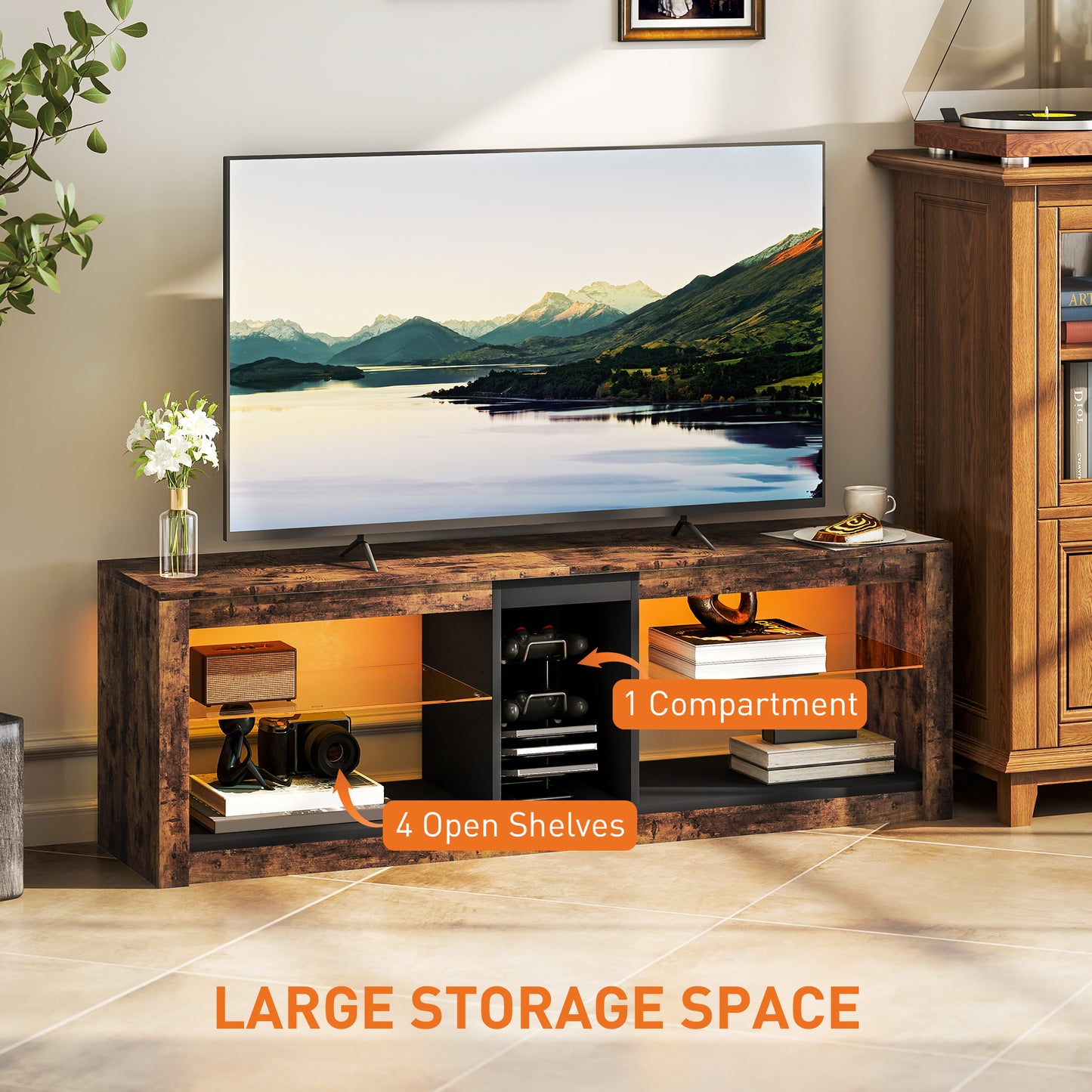 HOMCOM TV Stand Cabinet with LED Lights & Remote Control for TVs up to 65", Storage Shelves & Compartment, Rustic Brown