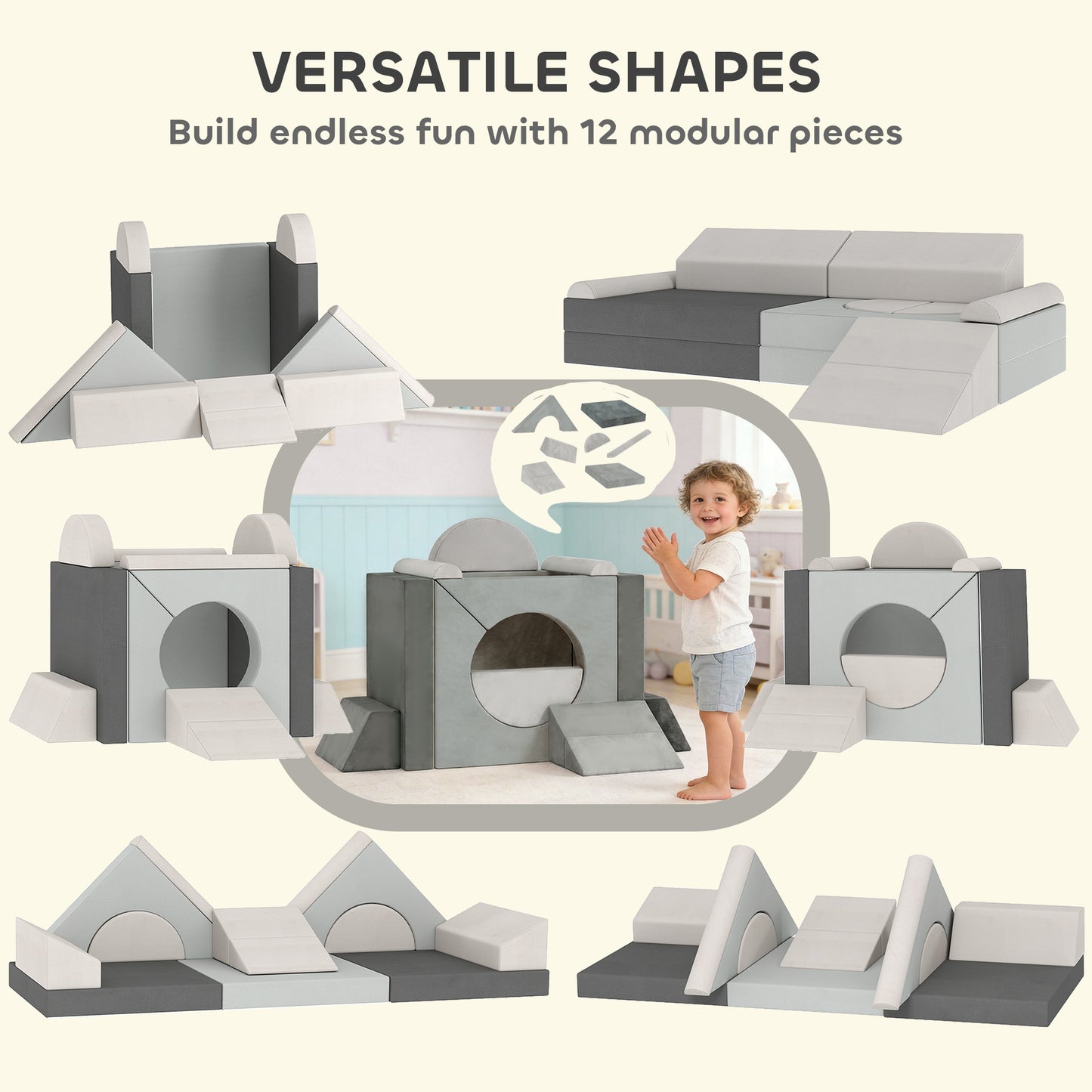 AIYAPLAY Kids Play Sofa, 12 Pieces Foam Modular Soft Play Set for Playroom, Children Convertible Sofa for Boys and Girls, Grey