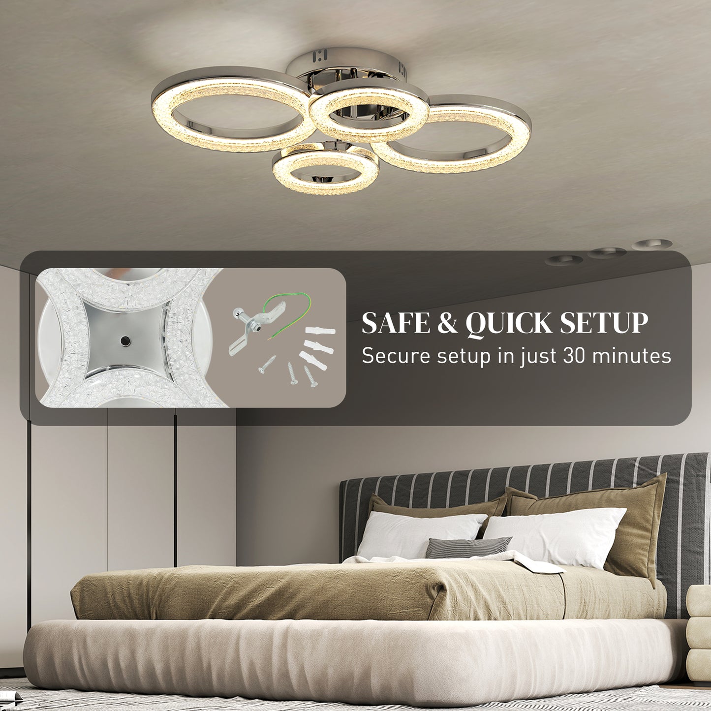 HOMCOM LED Ceiling Light, Modern 4 Rings Lamp, 40W 4350lm Flush Mount with 3500K/4500K/6000K Temps for Living Room, Bedroom, Silver Tone