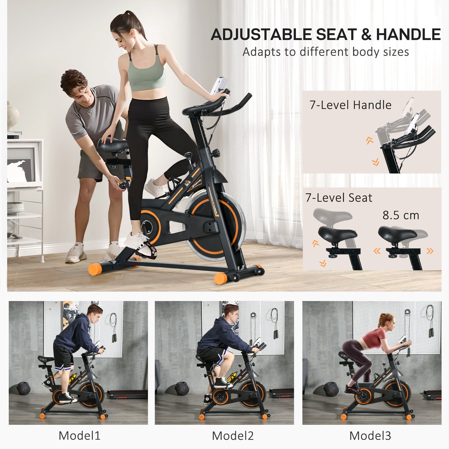 HOMCOM Exercise Bike, Indoor Cycling Bike for Home Use, Stationary Bike with LCD Display and Heart Rate Sensor, Static Fitness Bike for Home, Gym, Office, Cardio Workout, Orange