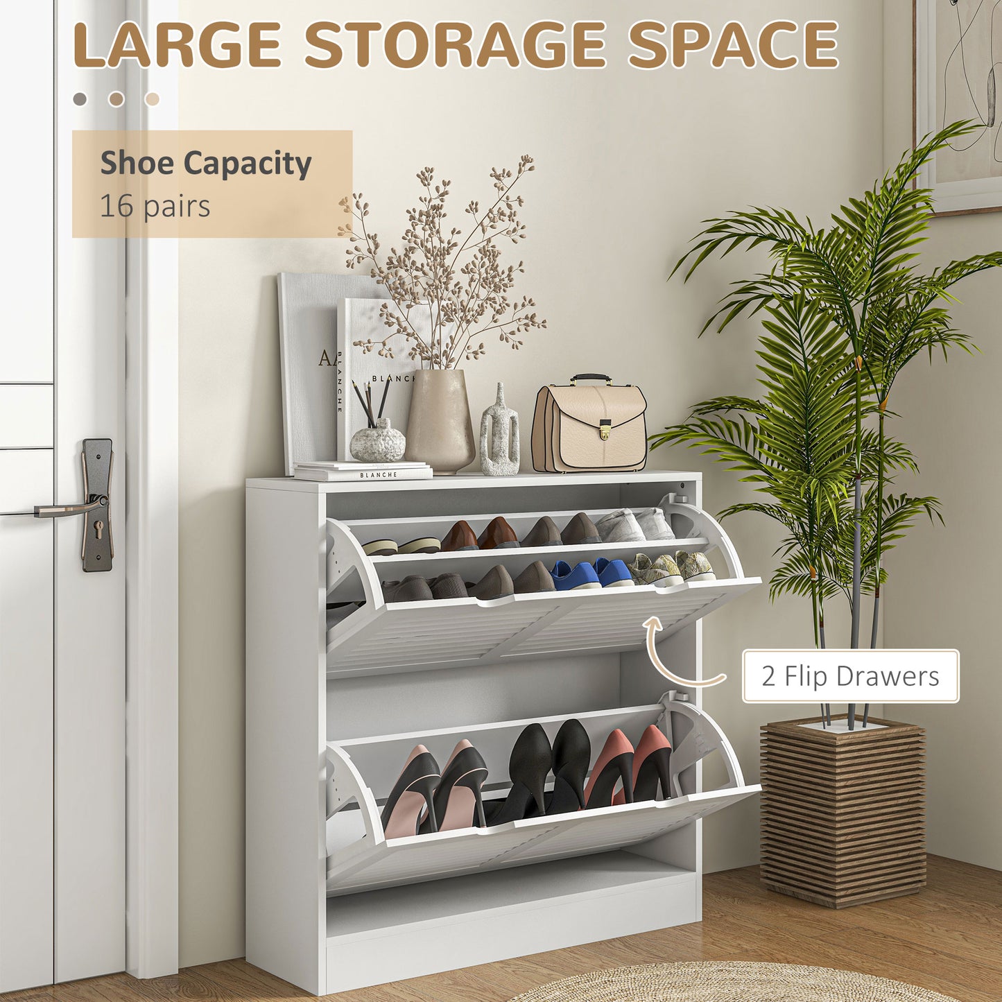 HOMCOM Entryway Shoe Cabinet, 2 Flip Drawers, Louvred Door, Adjustable Shelves for 16 Pairs, 2 Drawers, White
