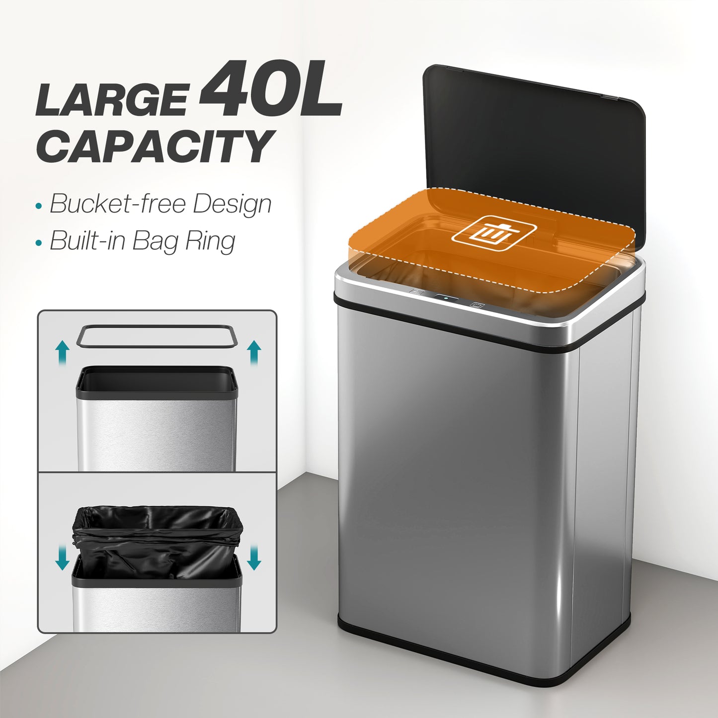 HOMCOM 40L Sensor Bin with Quiet Soft-Close Lid, Automatic Touchless Motion Sensor, Fingerprint Resistant, Silver Tone