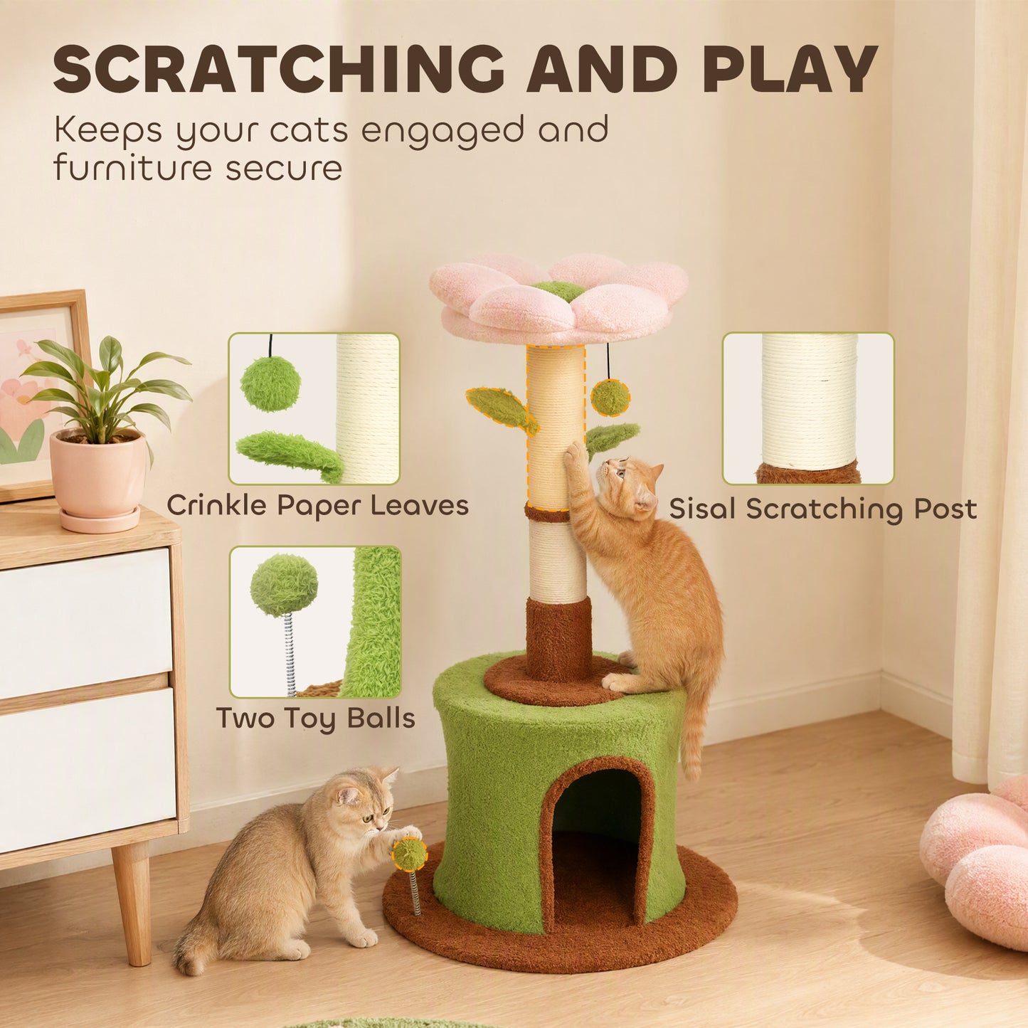PawHut Cat Tree for Indoor Kittens, 88cm Flower Cat Tower with Condo & Bed, Scratching Post, 2 Toy Balls and 2 Crinkle Leaves