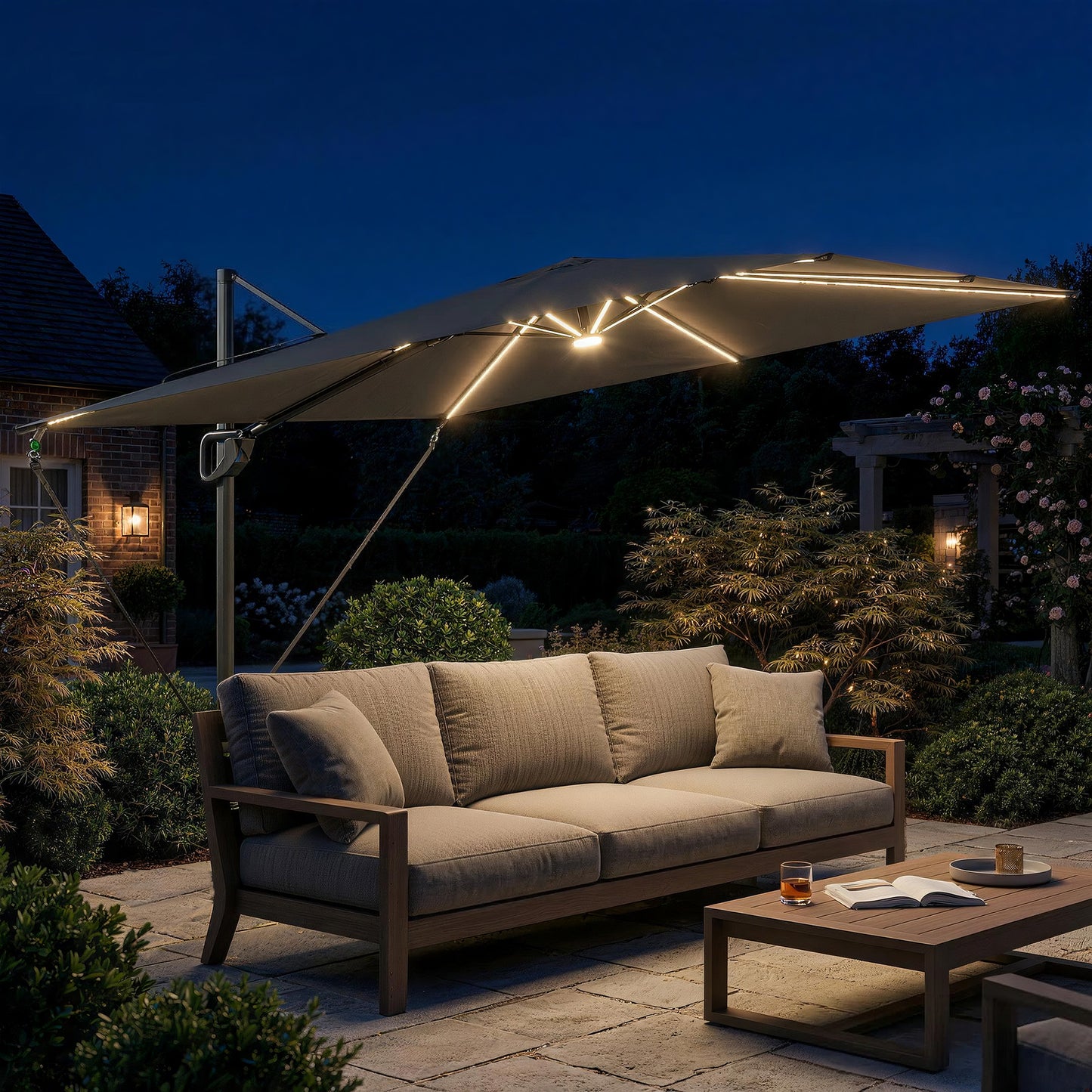 Outsunny 3 x 3 m Garden Cantilever Parasol w/ Light, Cover, UPF50+ Patio Umbrella w/ Wind Protection, 360° Rotation, Dark Grey